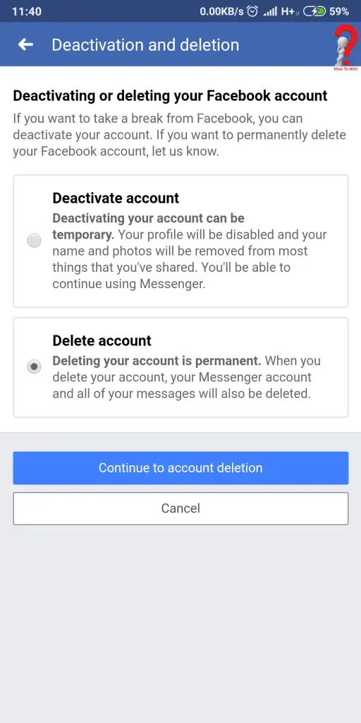 Facebook Account Delete Option