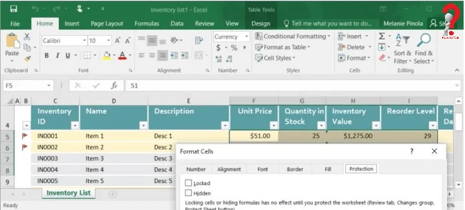 lock selected cells in spreadsheet