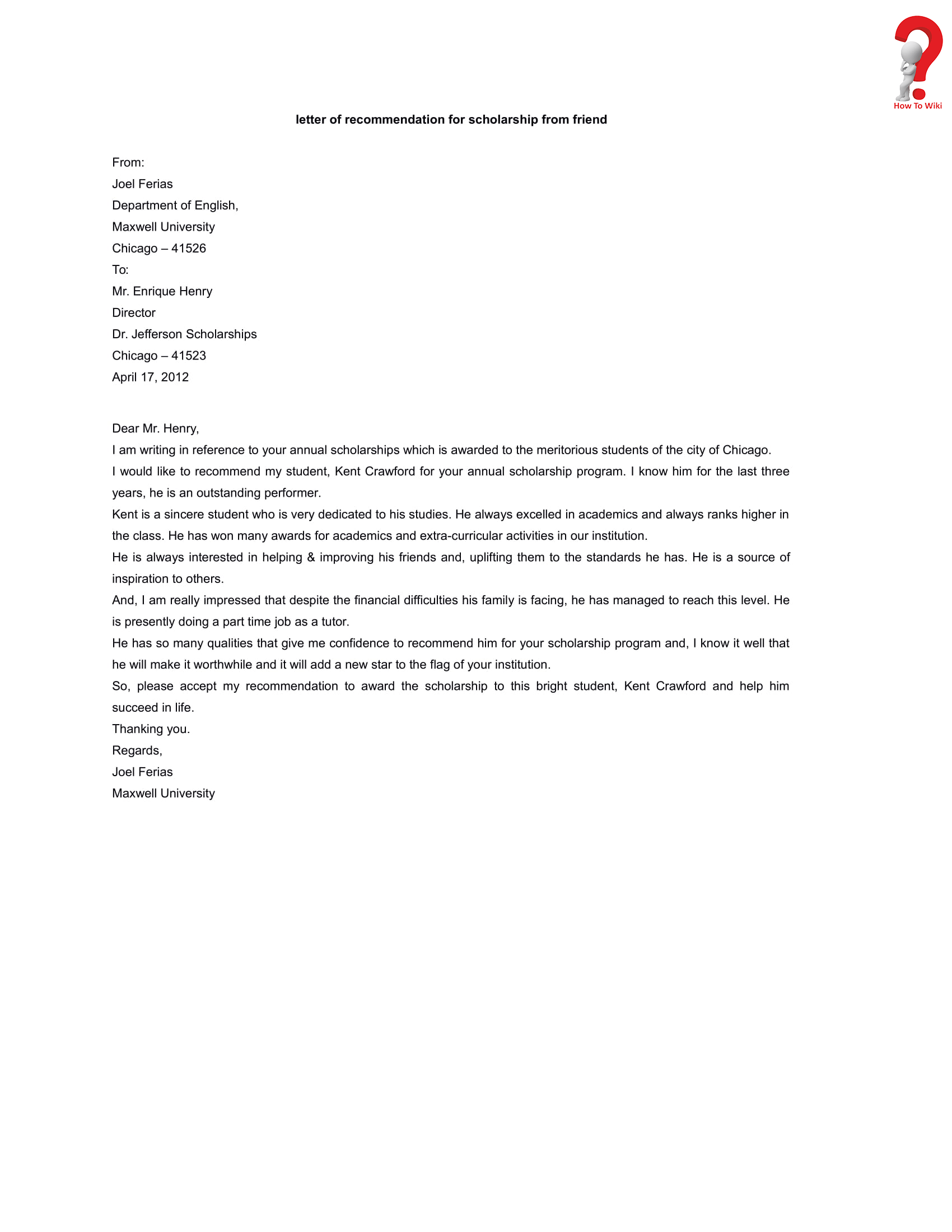 Recommendation Letter From Friend from howtowiki.net