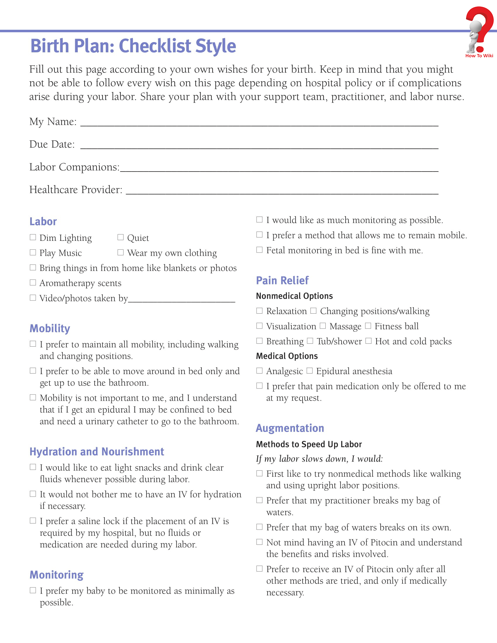 C Section Birth Plan Template