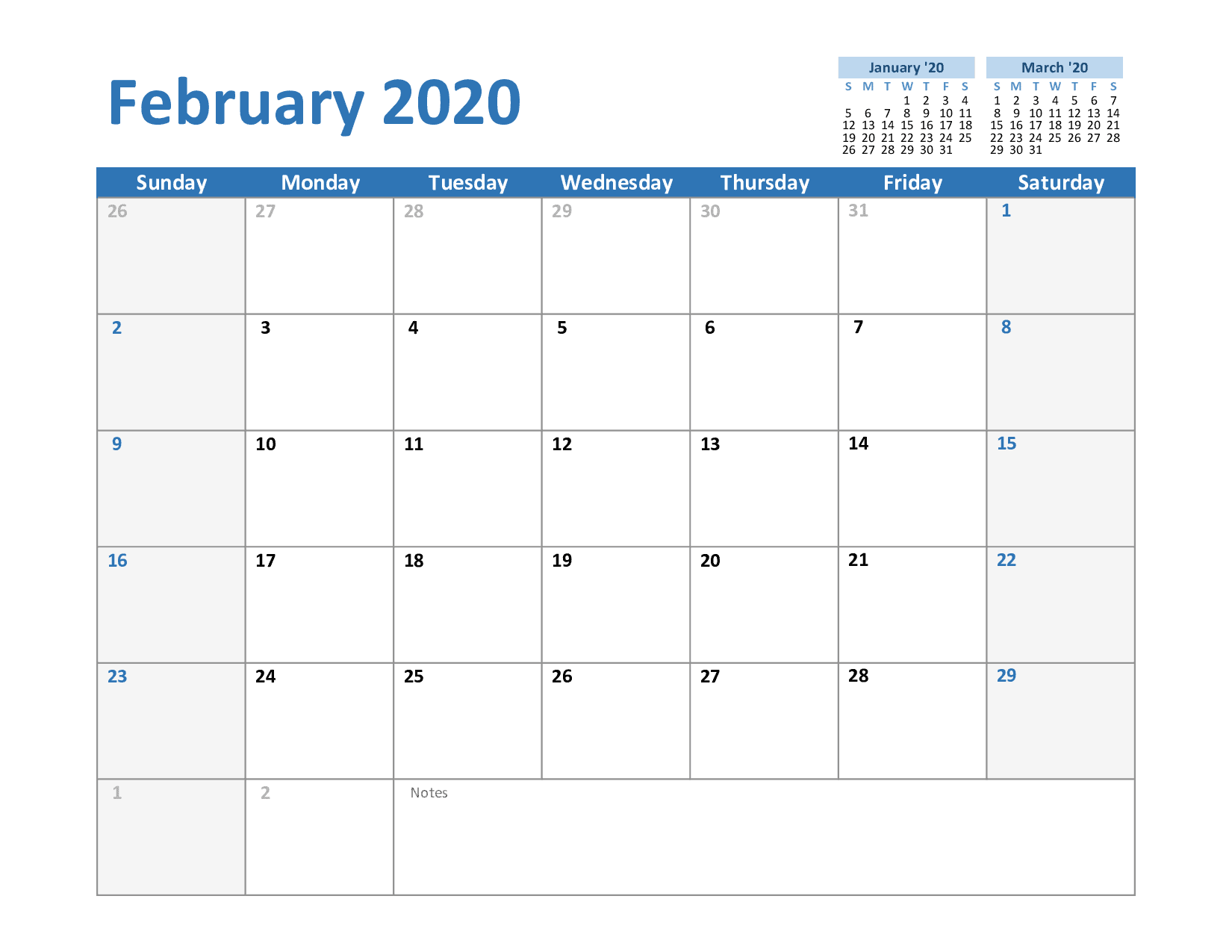 February Calendar Excel