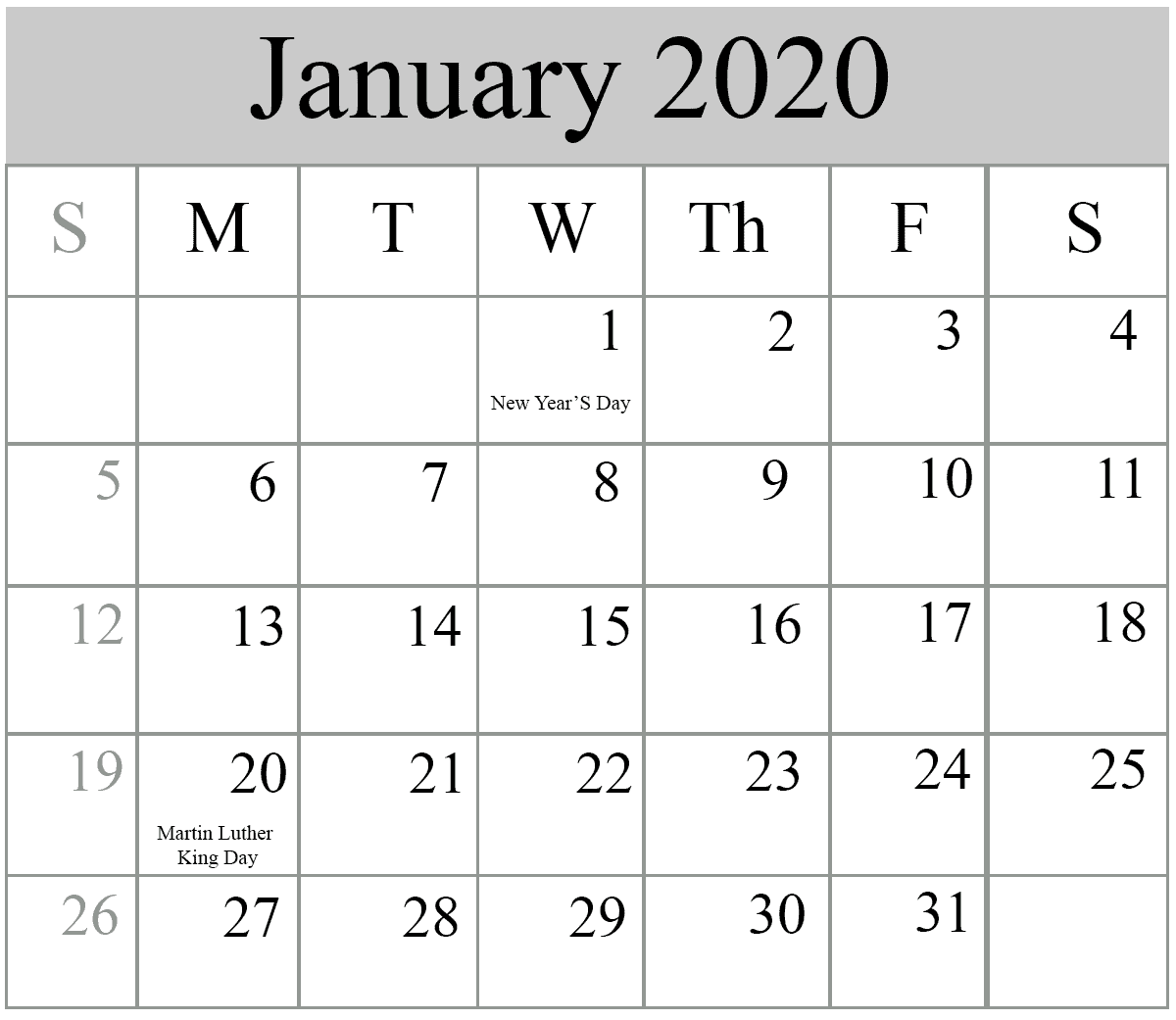 Free January Calendar 2020