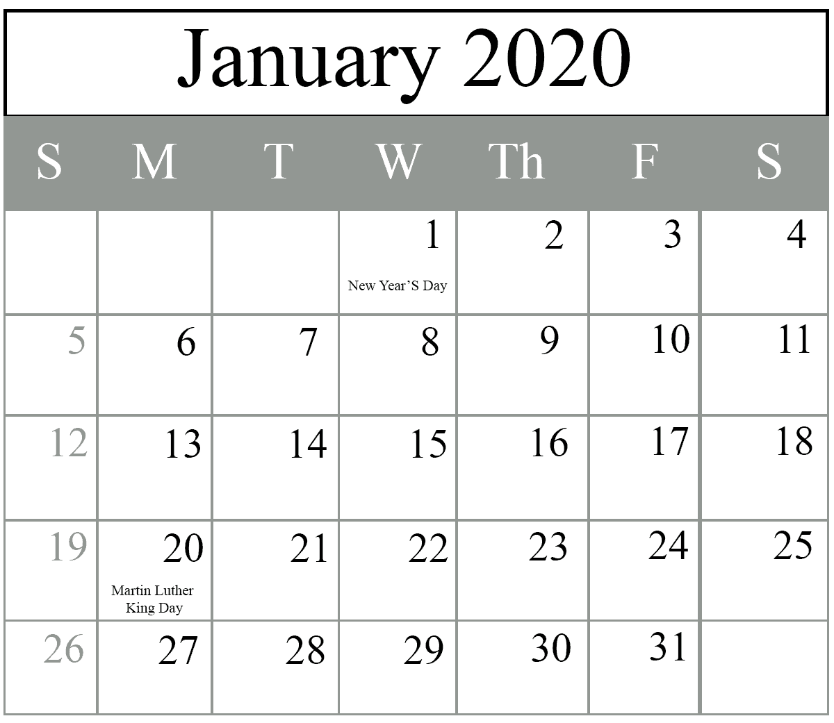 January Schedule Calendar, January 2020 Portrait Calendar