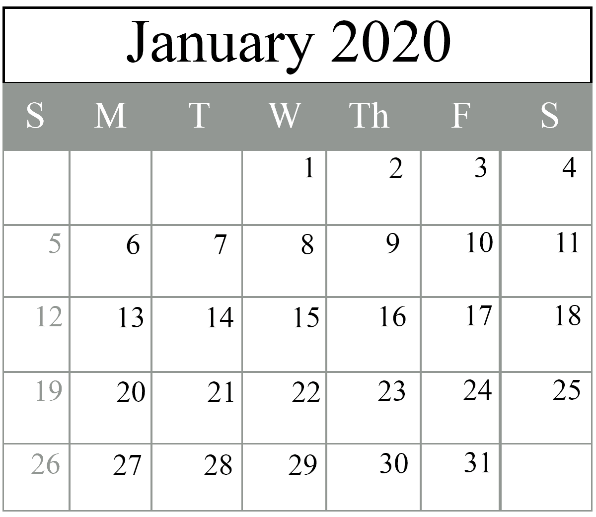 January Calendar Template 2020, January 2020 Calendar Template