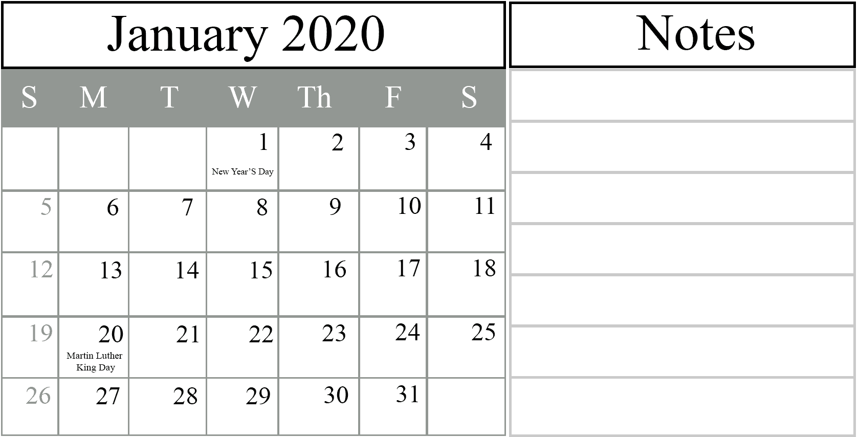 2020 January Calendar Template, January 2020 Landscape Calendar