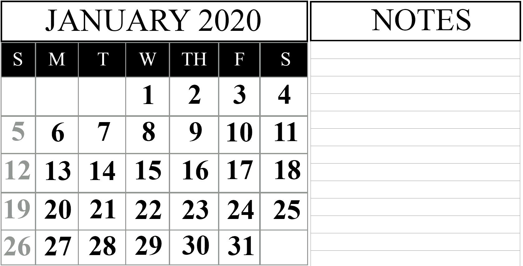 January 2020 Calendar printable, January 2020 editable calendar