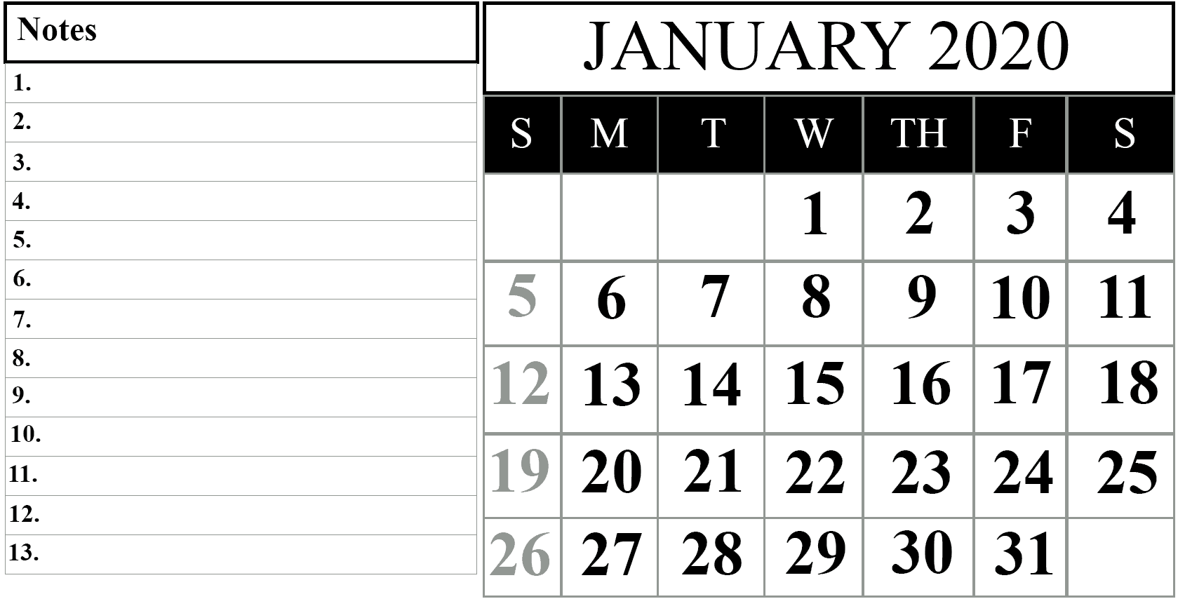 Calendar template January 2020, January 2020 Calendar