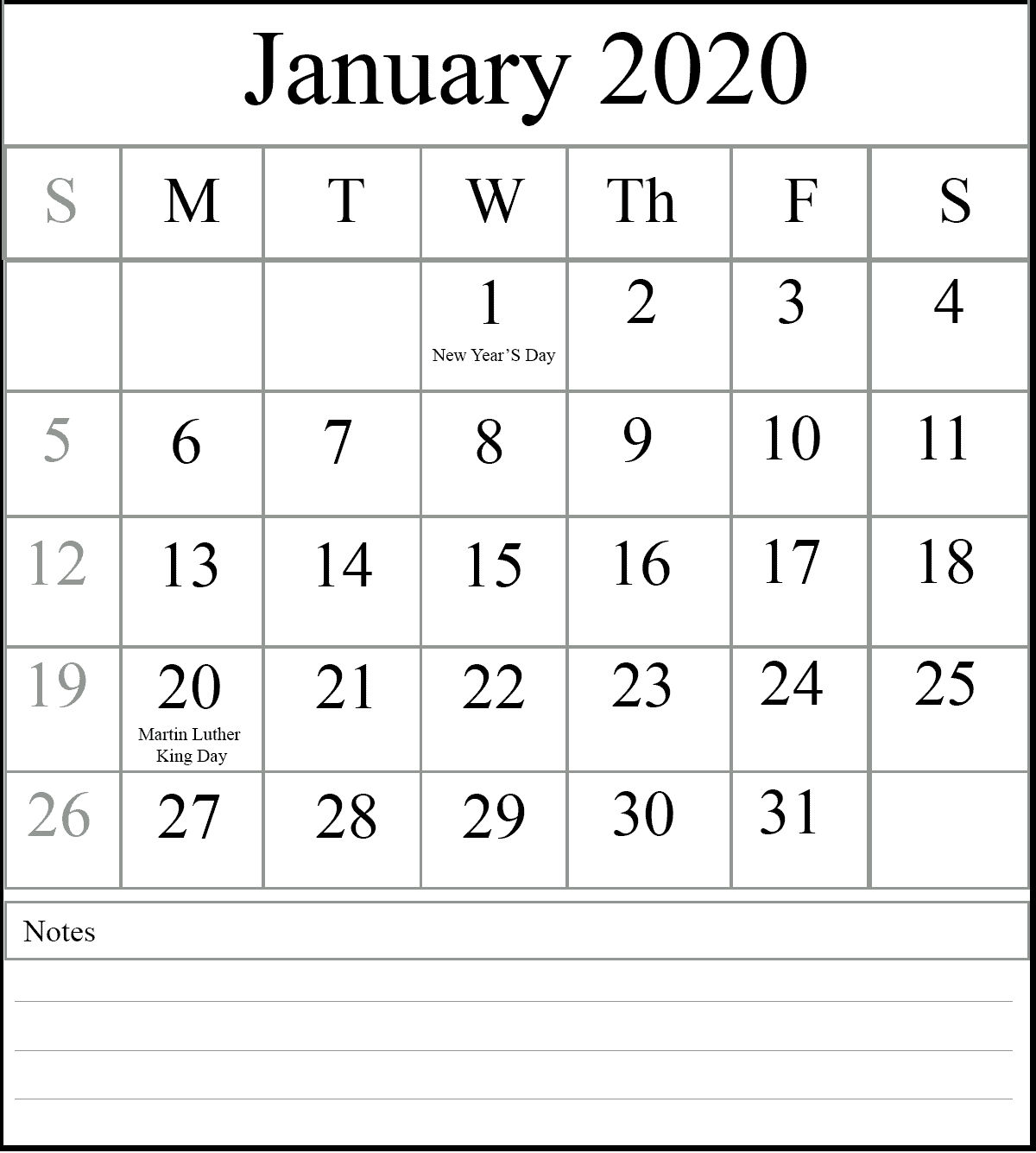 January Calendar Template, January 2020 Calendar Word