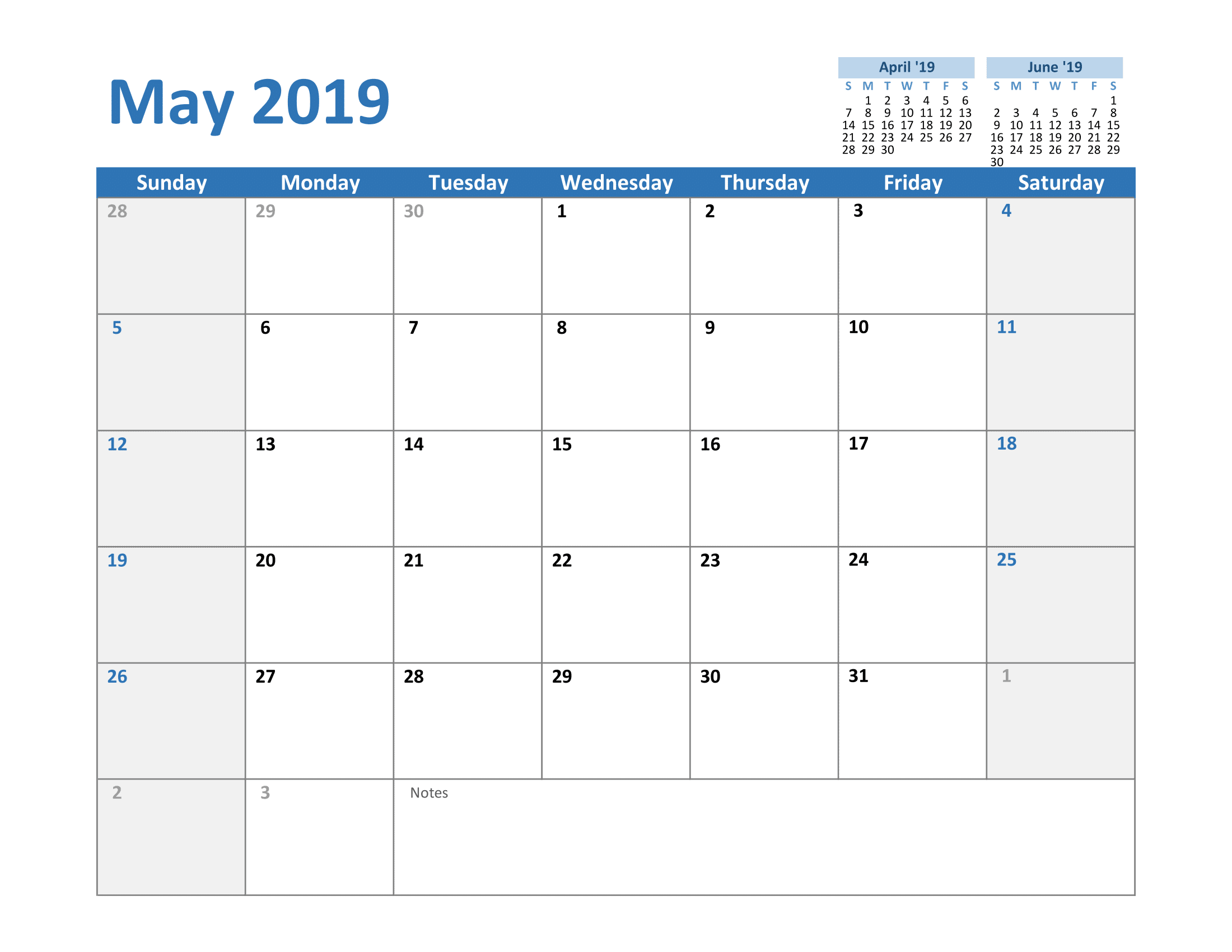 May 2019 Calendar Excel 