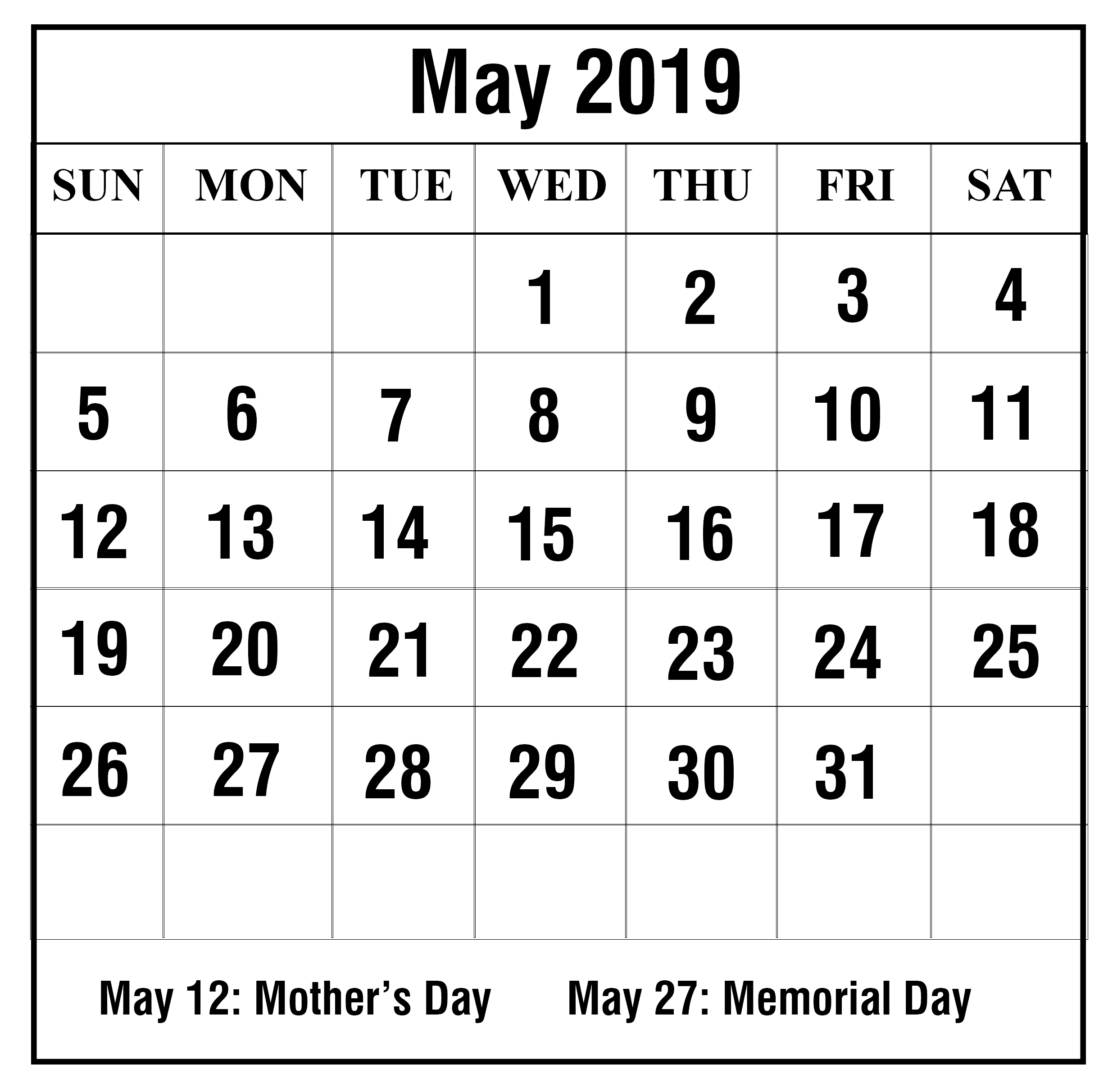 May Editable Calendar 2020