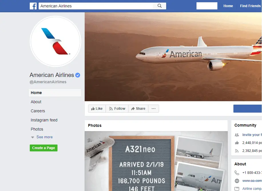 American Airline facebook page