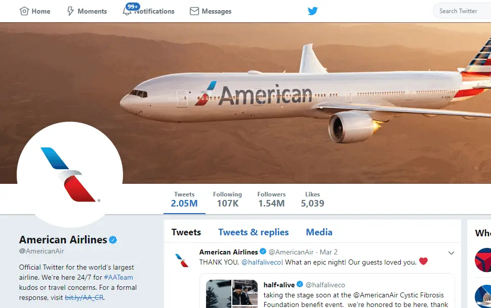 American Airline twitter page