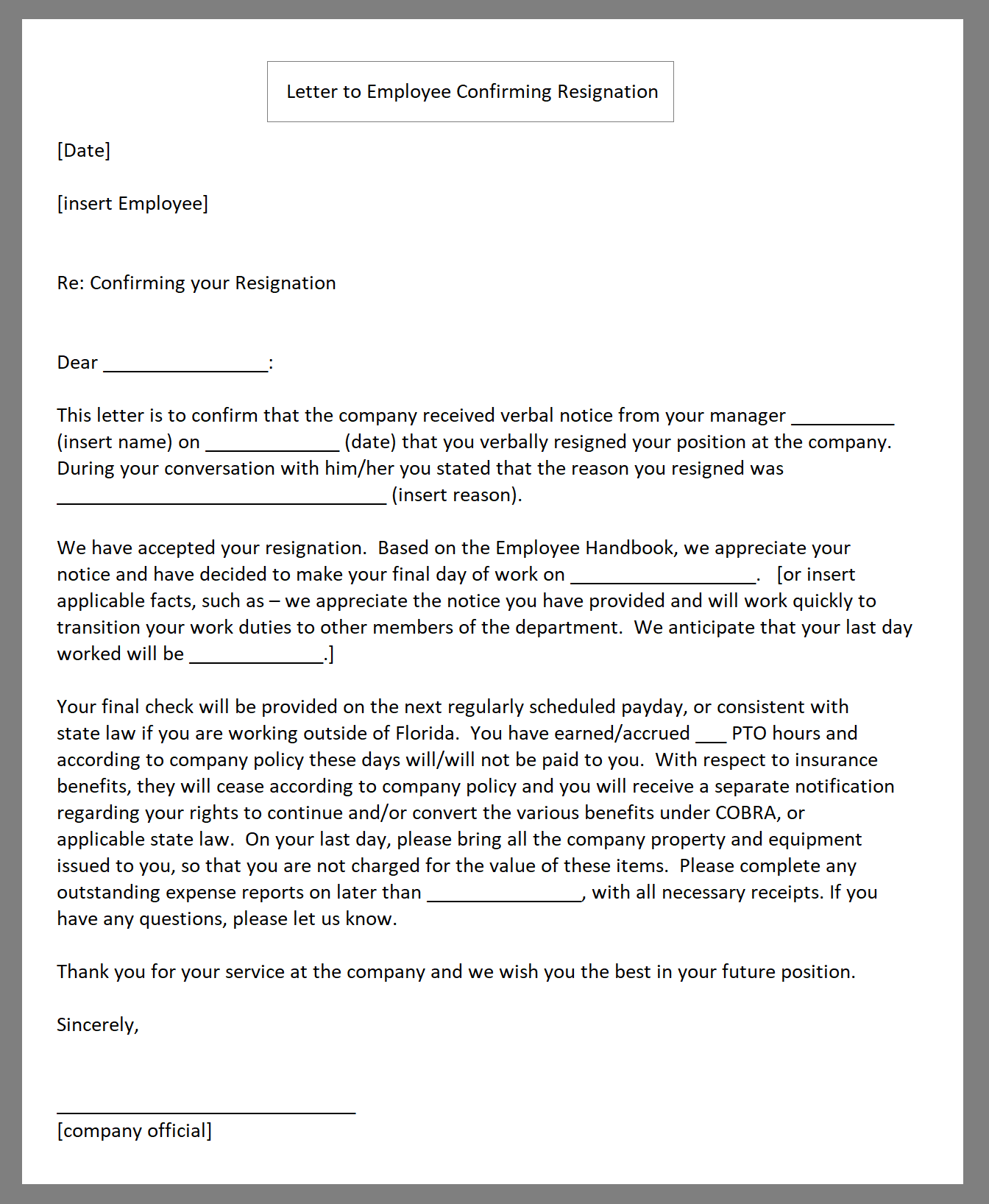 Resignation Acceptance Letter With Immediate Effect