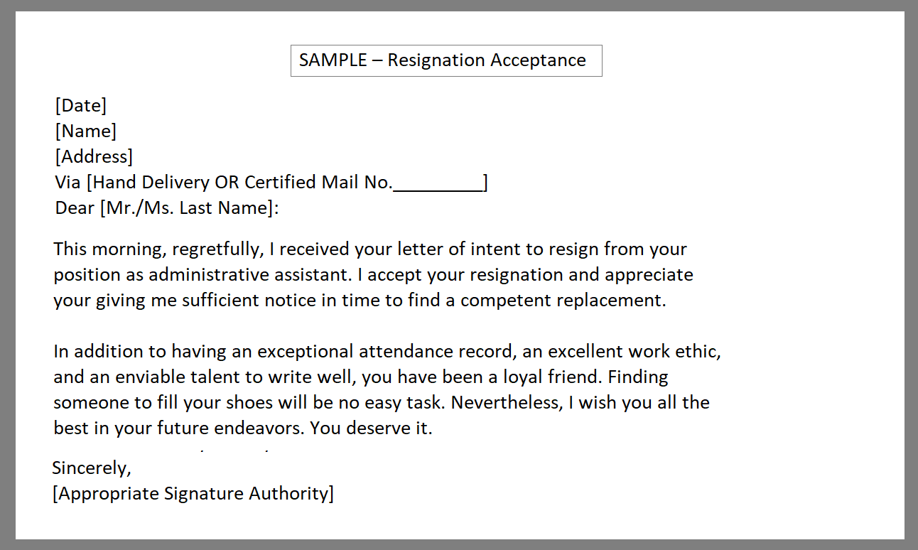 Resignation acknowledgement Letter sample