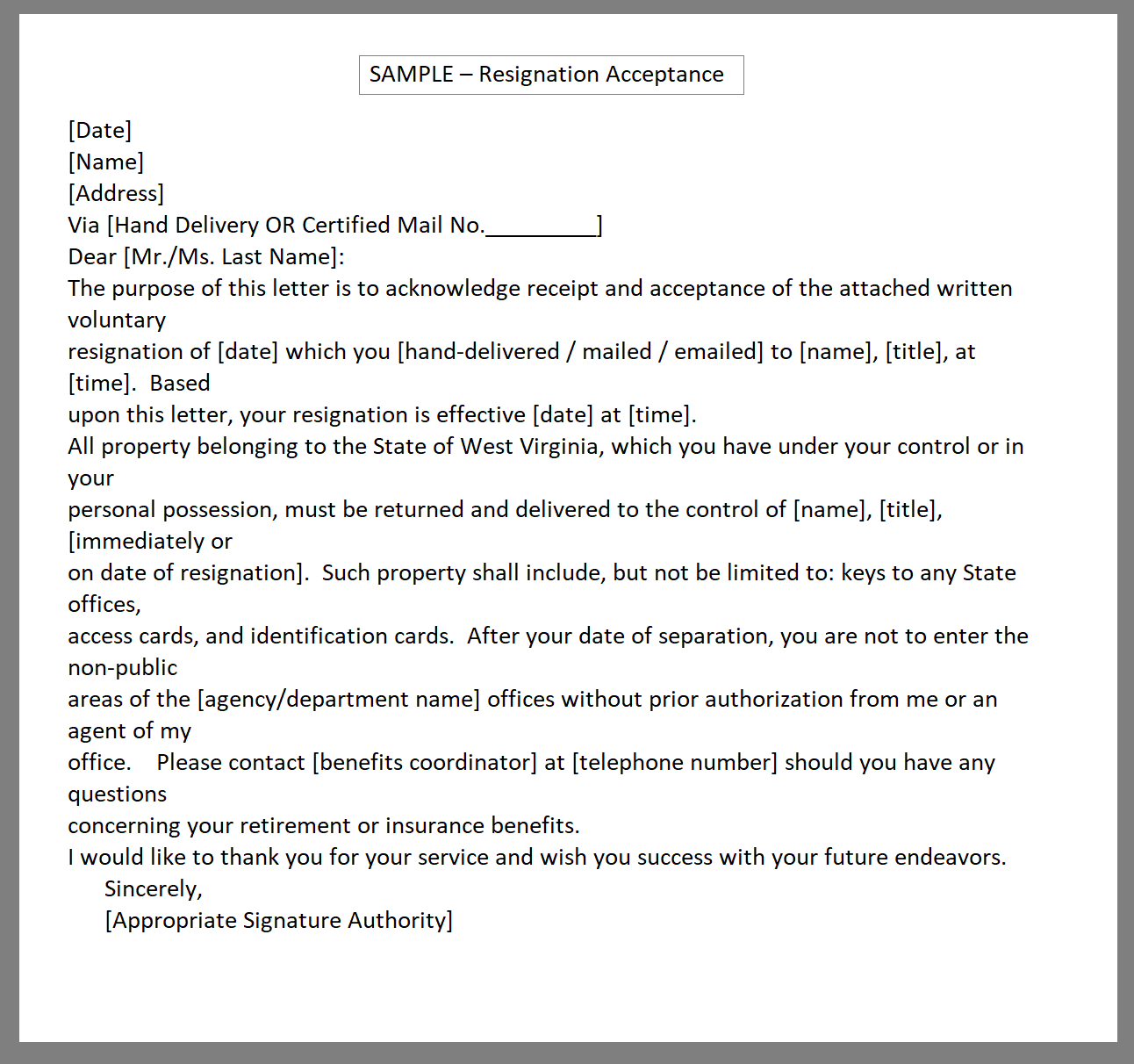 Sample Resignation Acceptance Letter