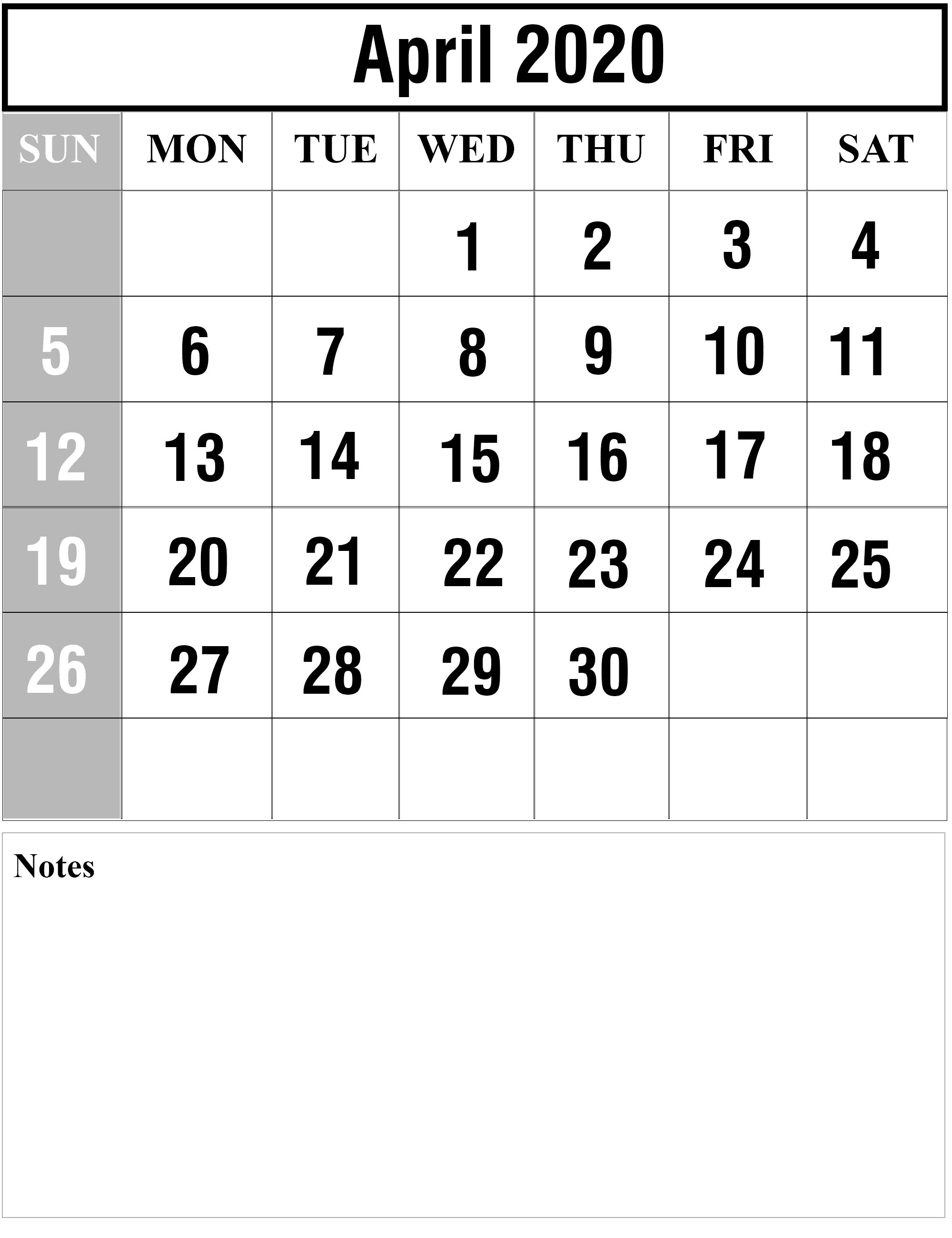 Calendar template April 2020