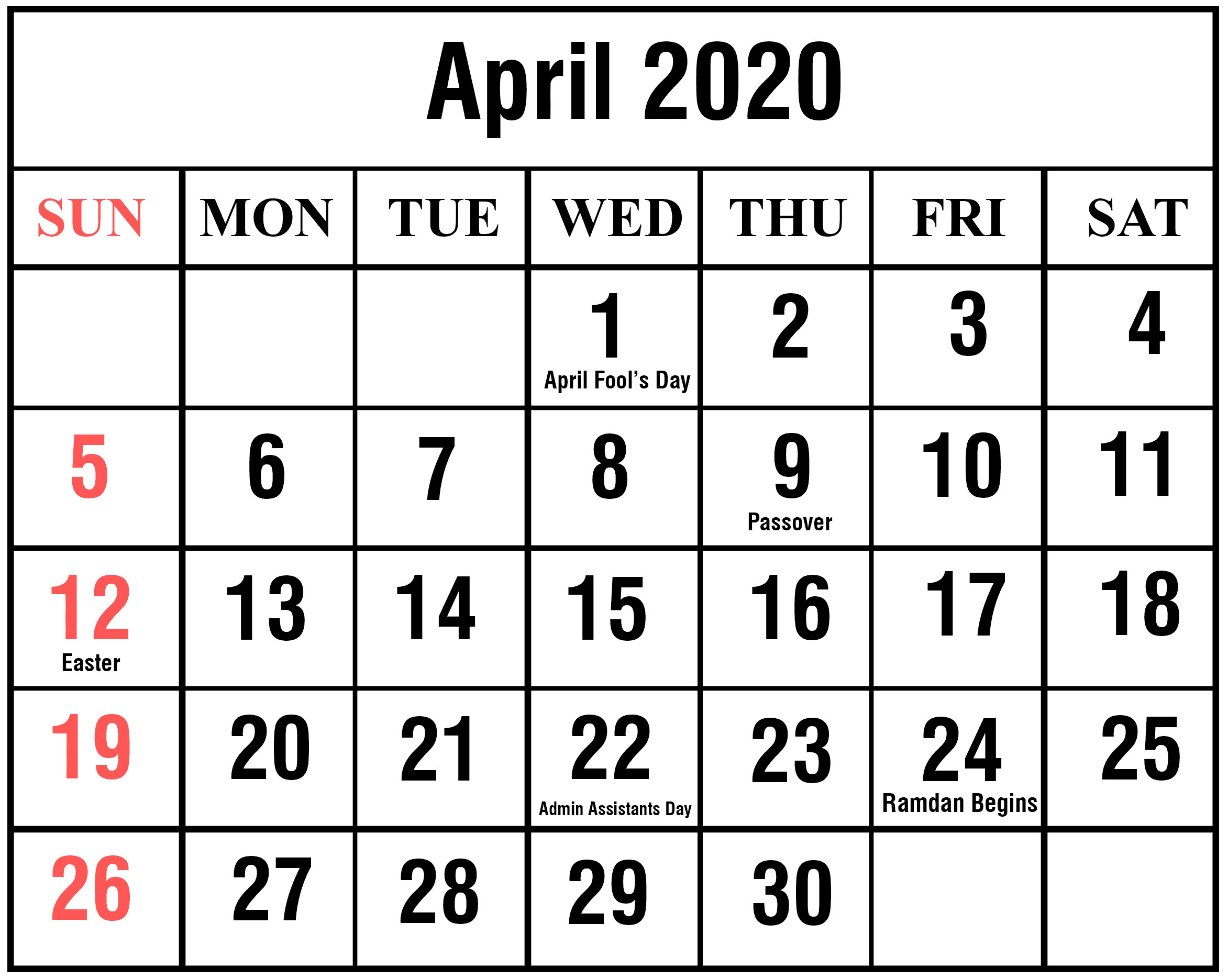 Downloadable April 2020 Calendar
