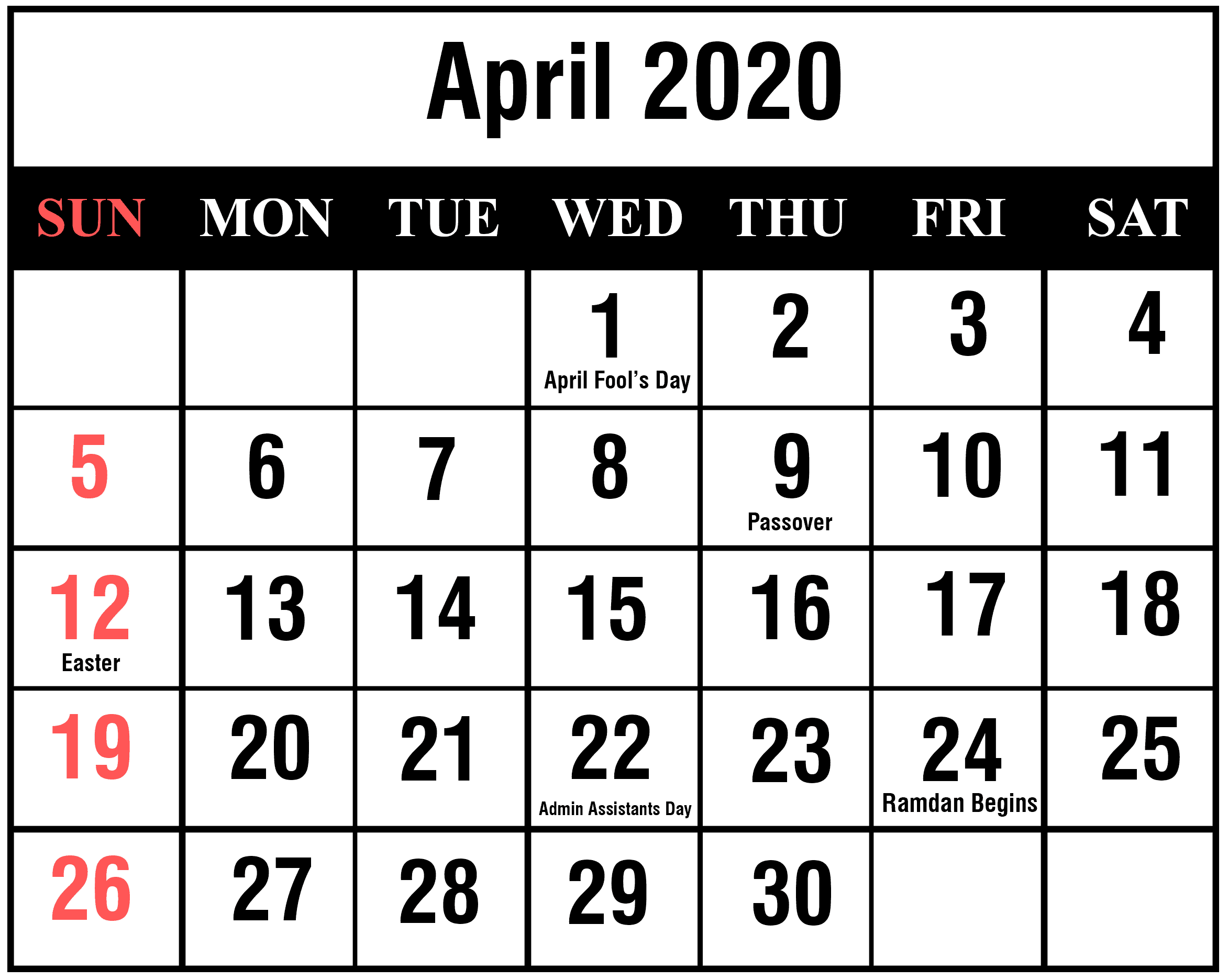 Printable Calendar April 2020