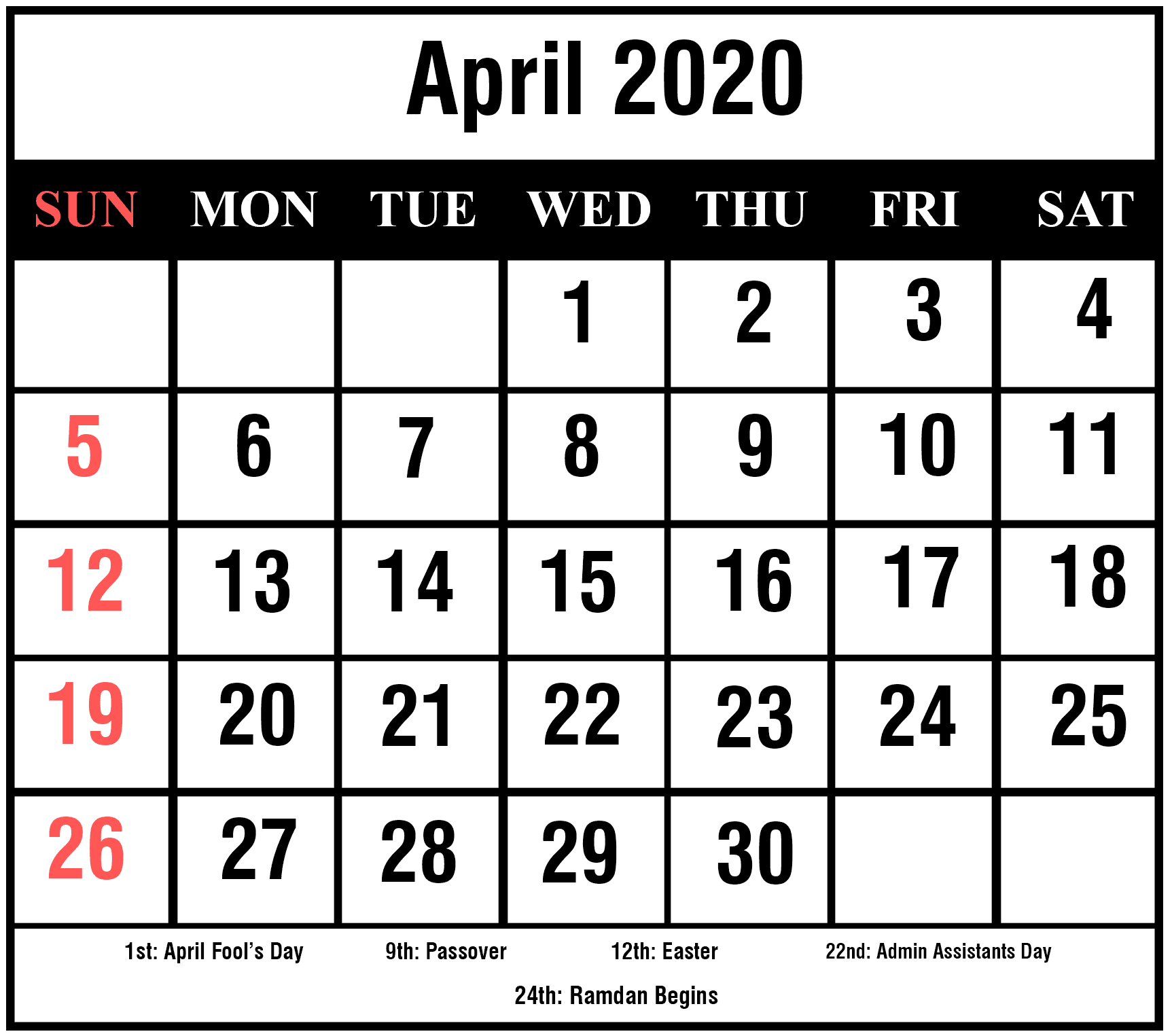 Simple Calendar April 2020