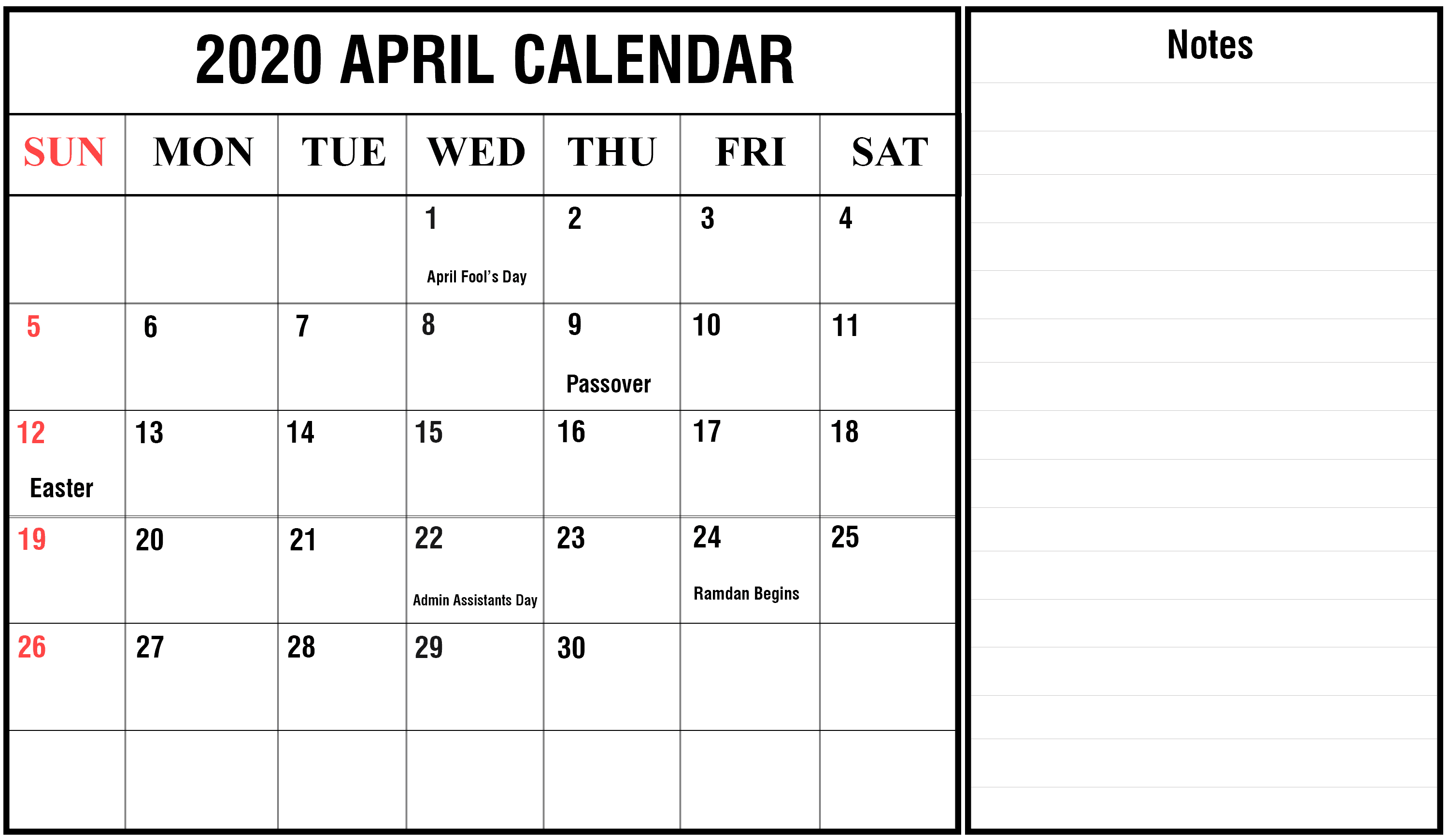 Blank April Calendar 2020