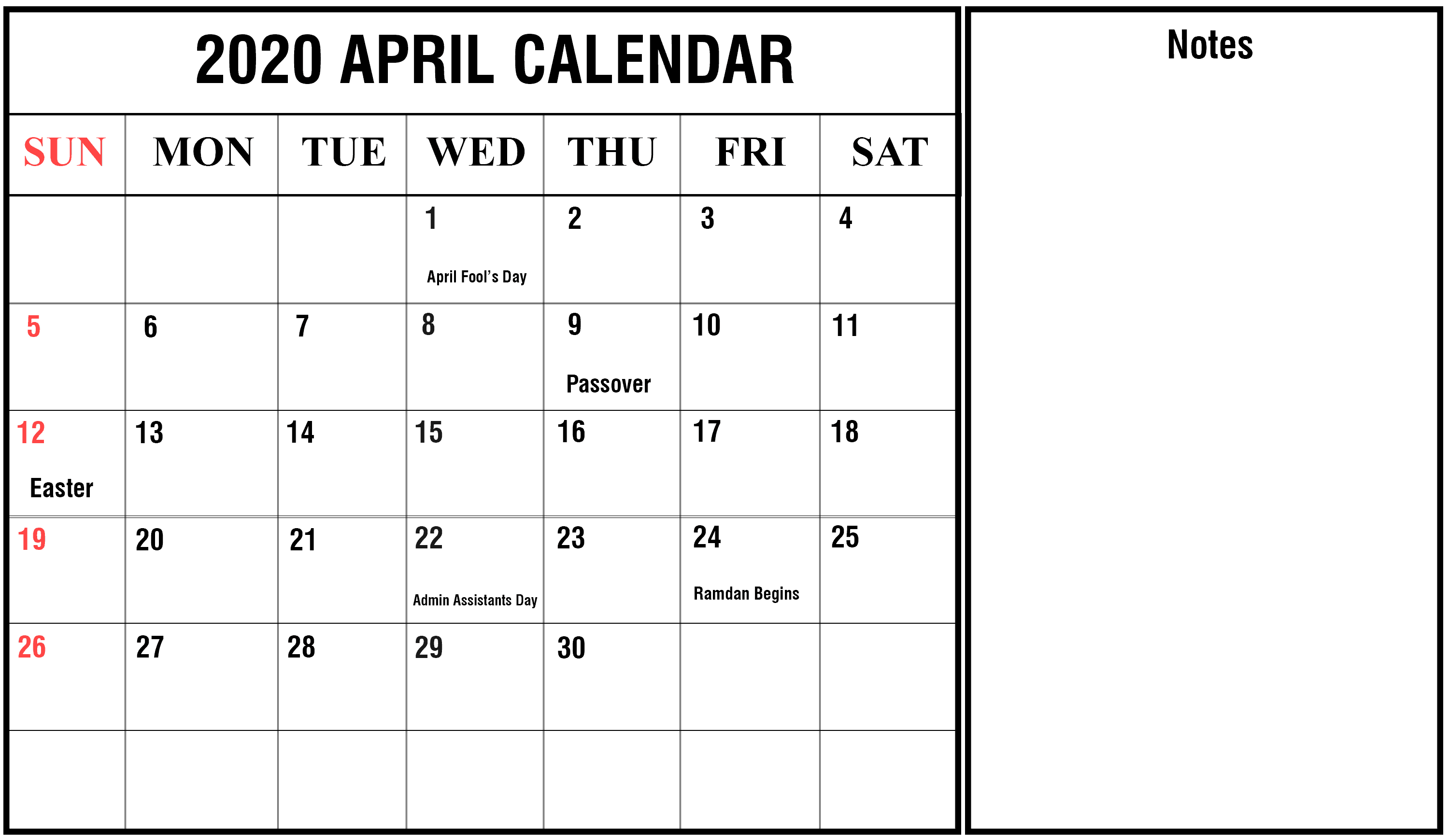 2020 April Calendar download