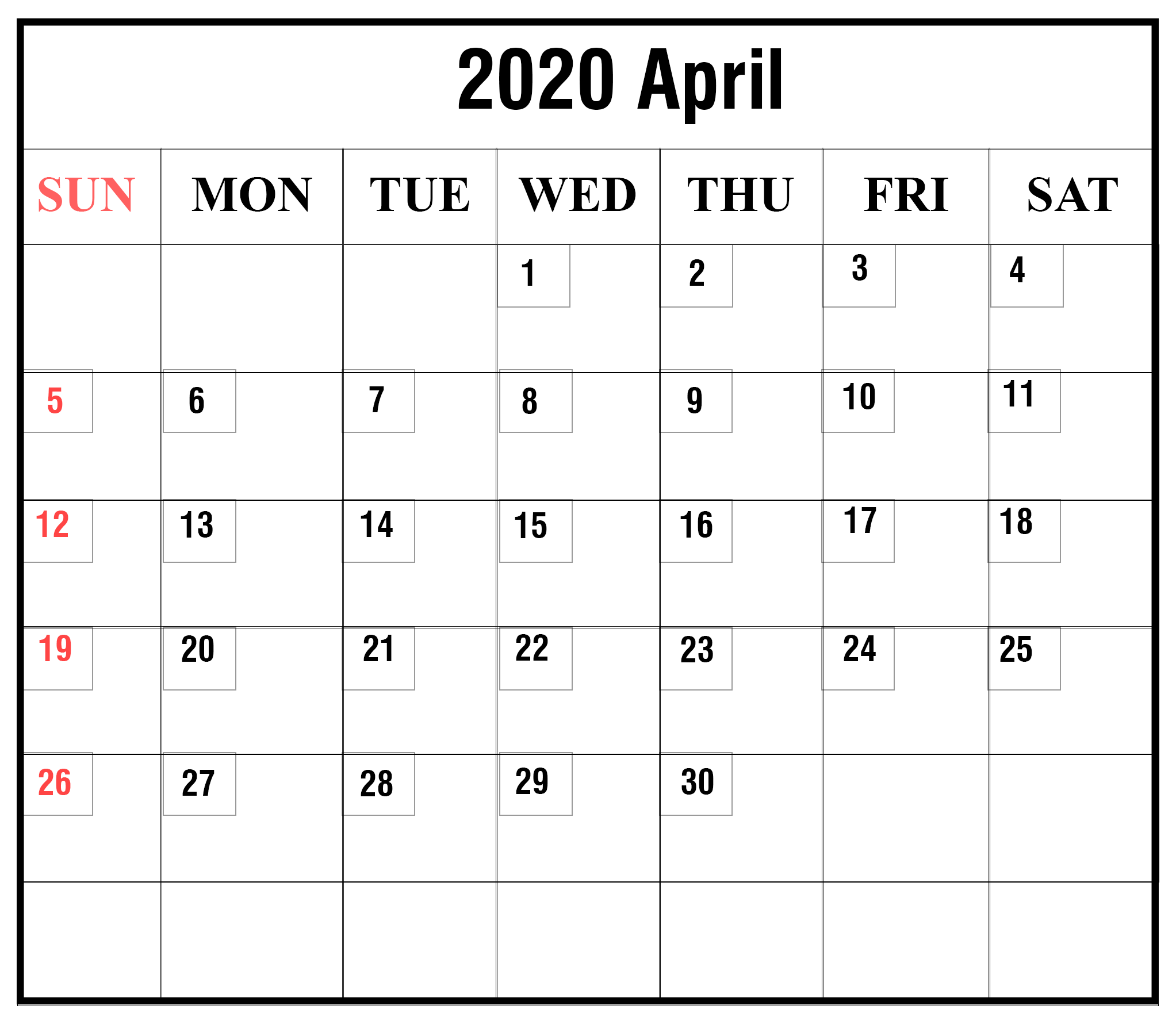 Calendar April 2020 Free