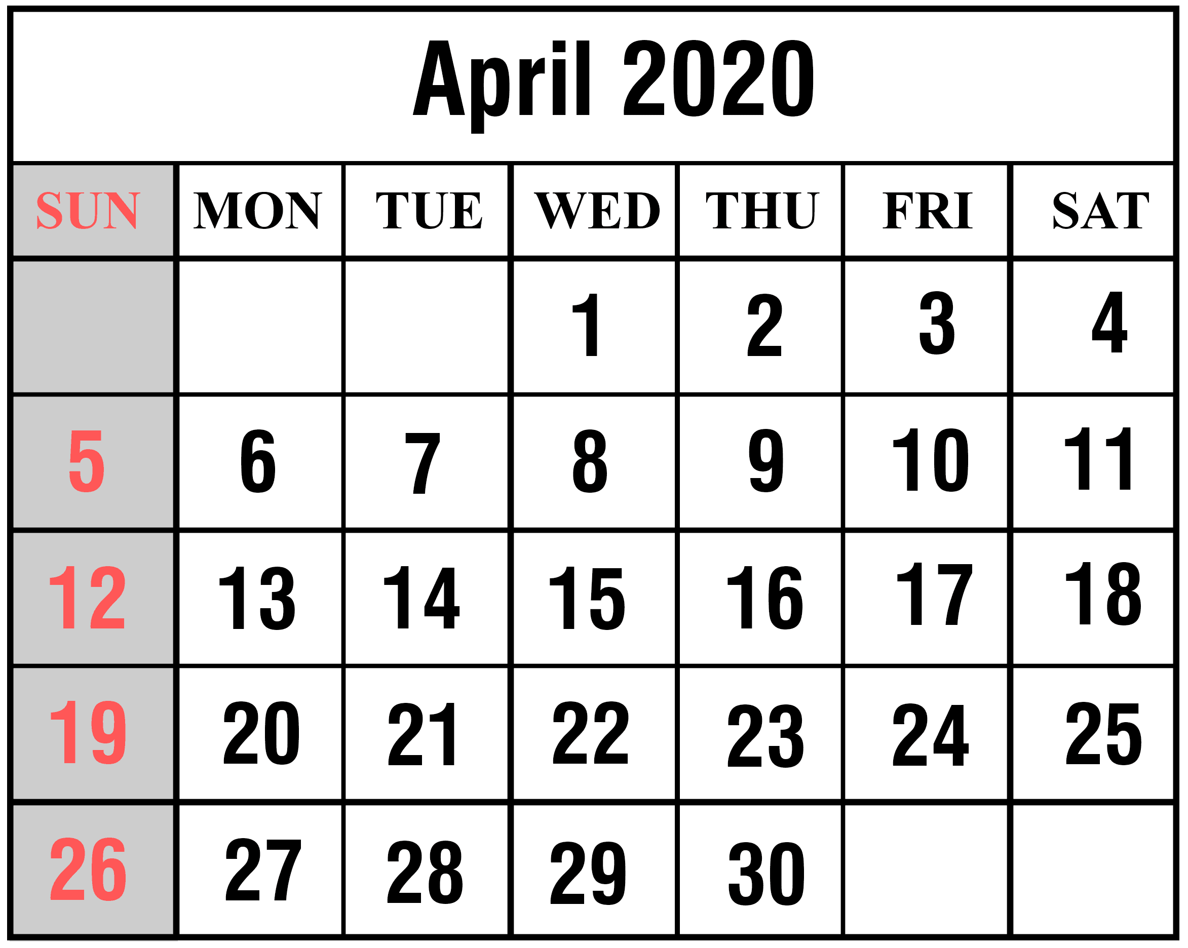 April 2020 Calendar