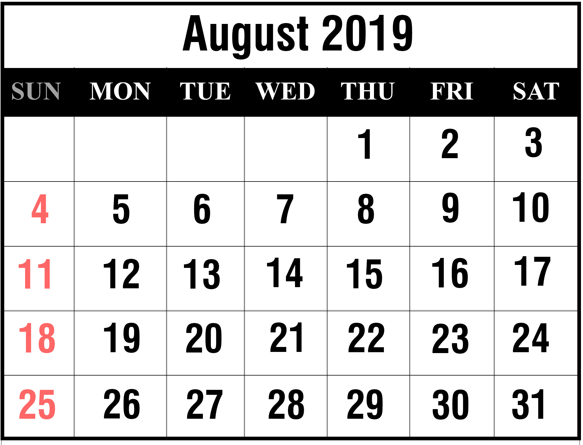 2019 August Month Calendar 