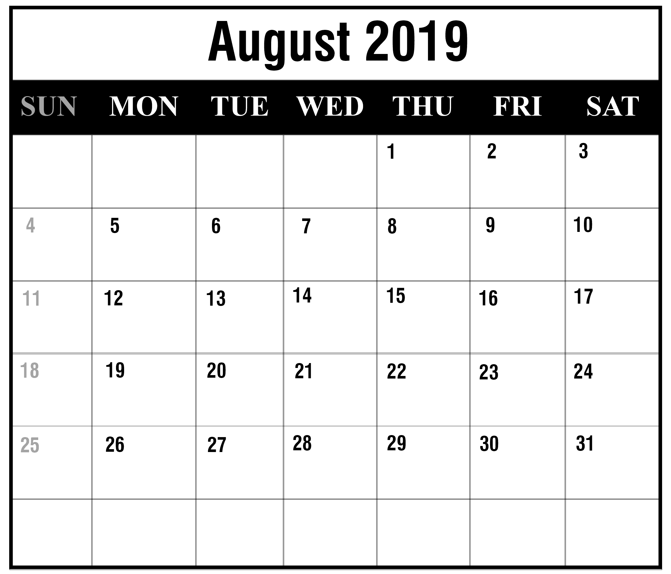 2019 August Month Calendar 