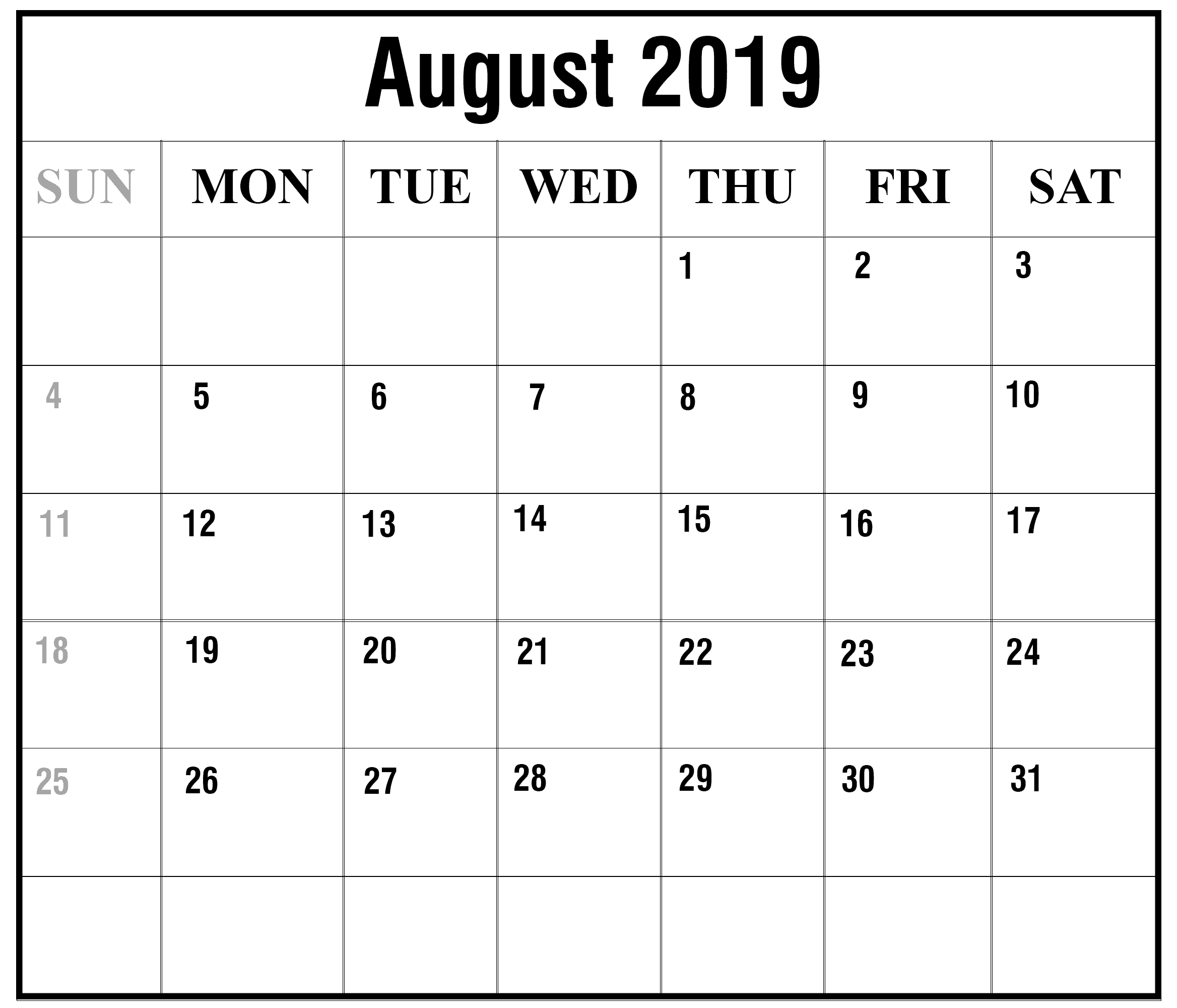 August Calendar Blank 2019