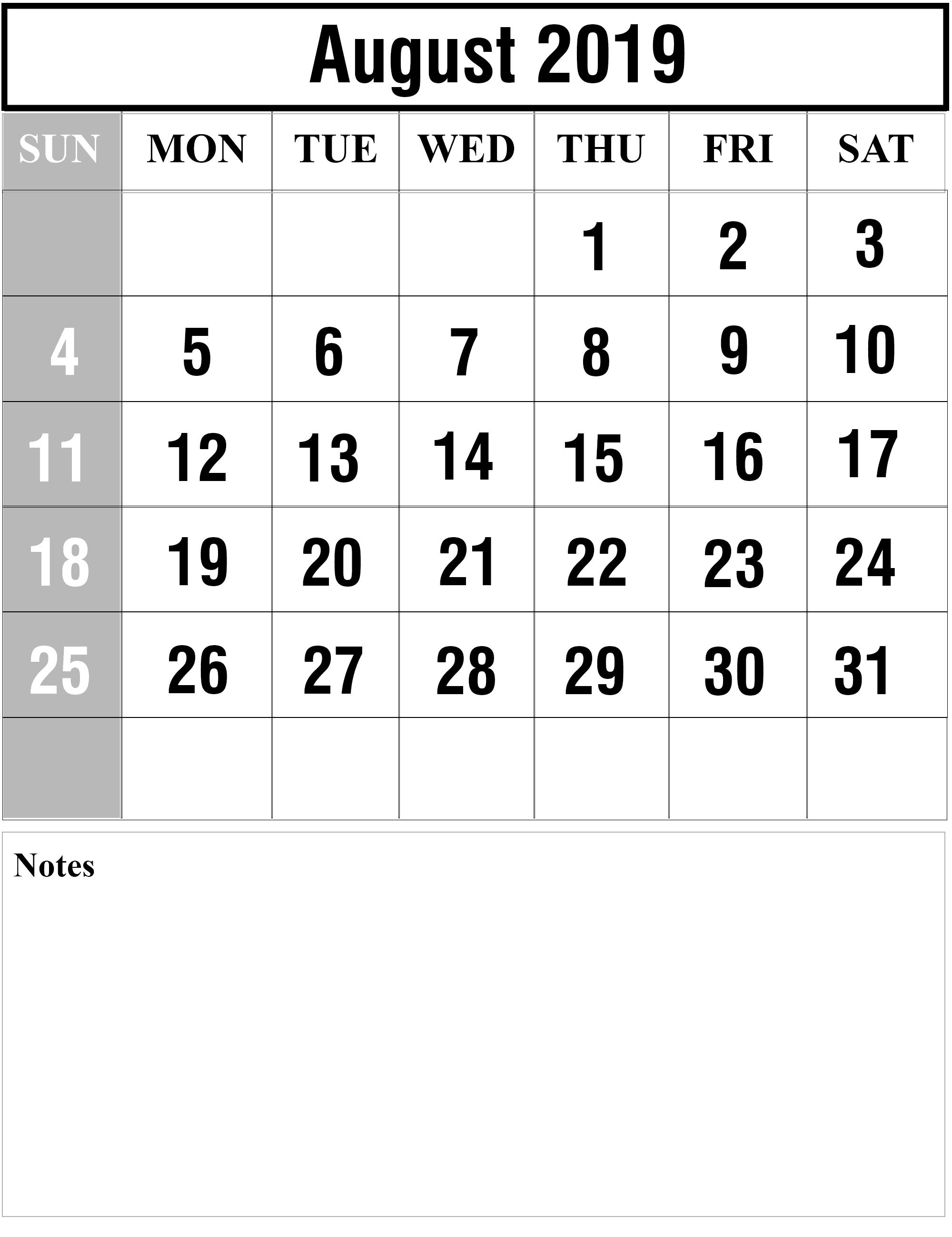 Blank August 2019 Calendar 