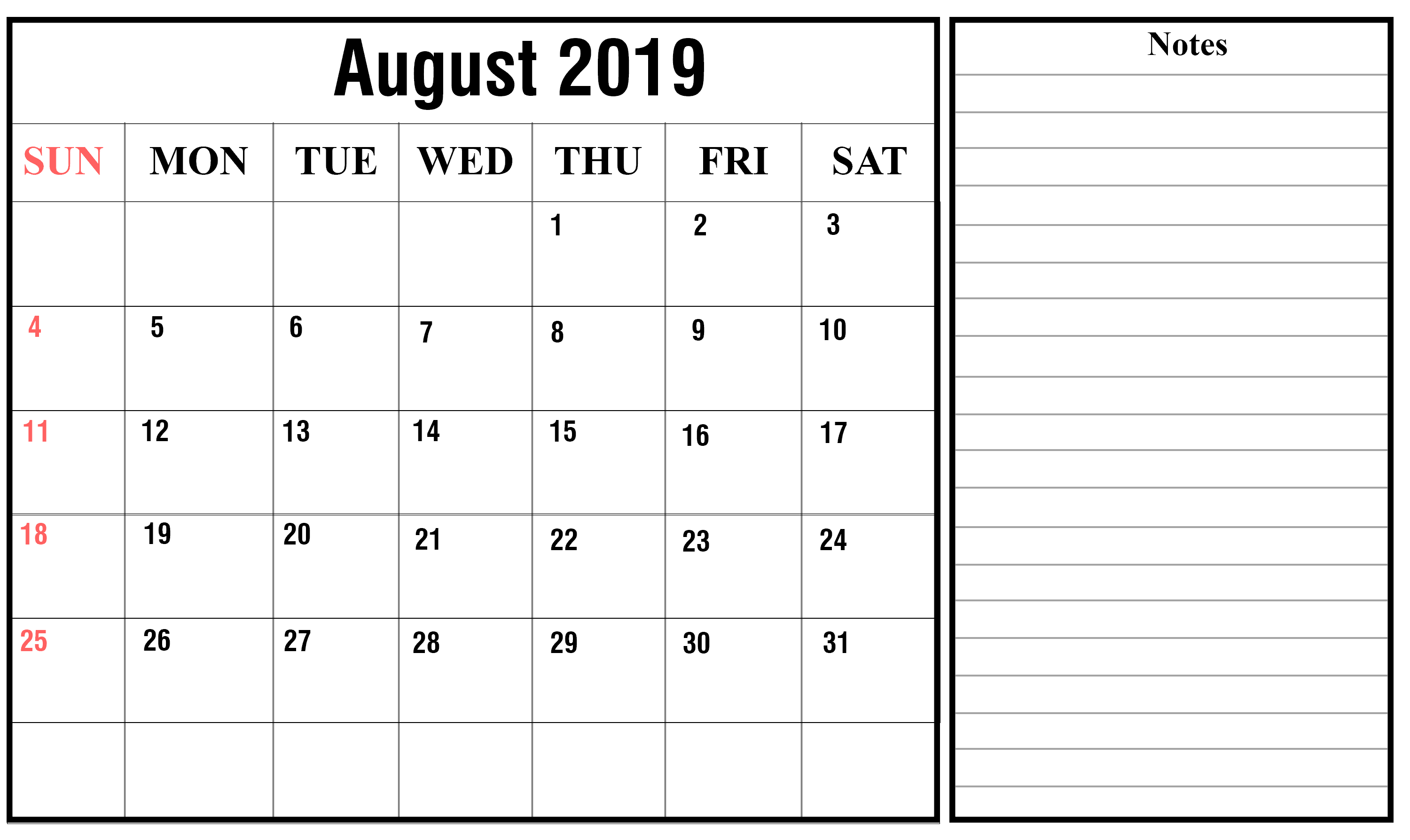August Editable Calendar 2019