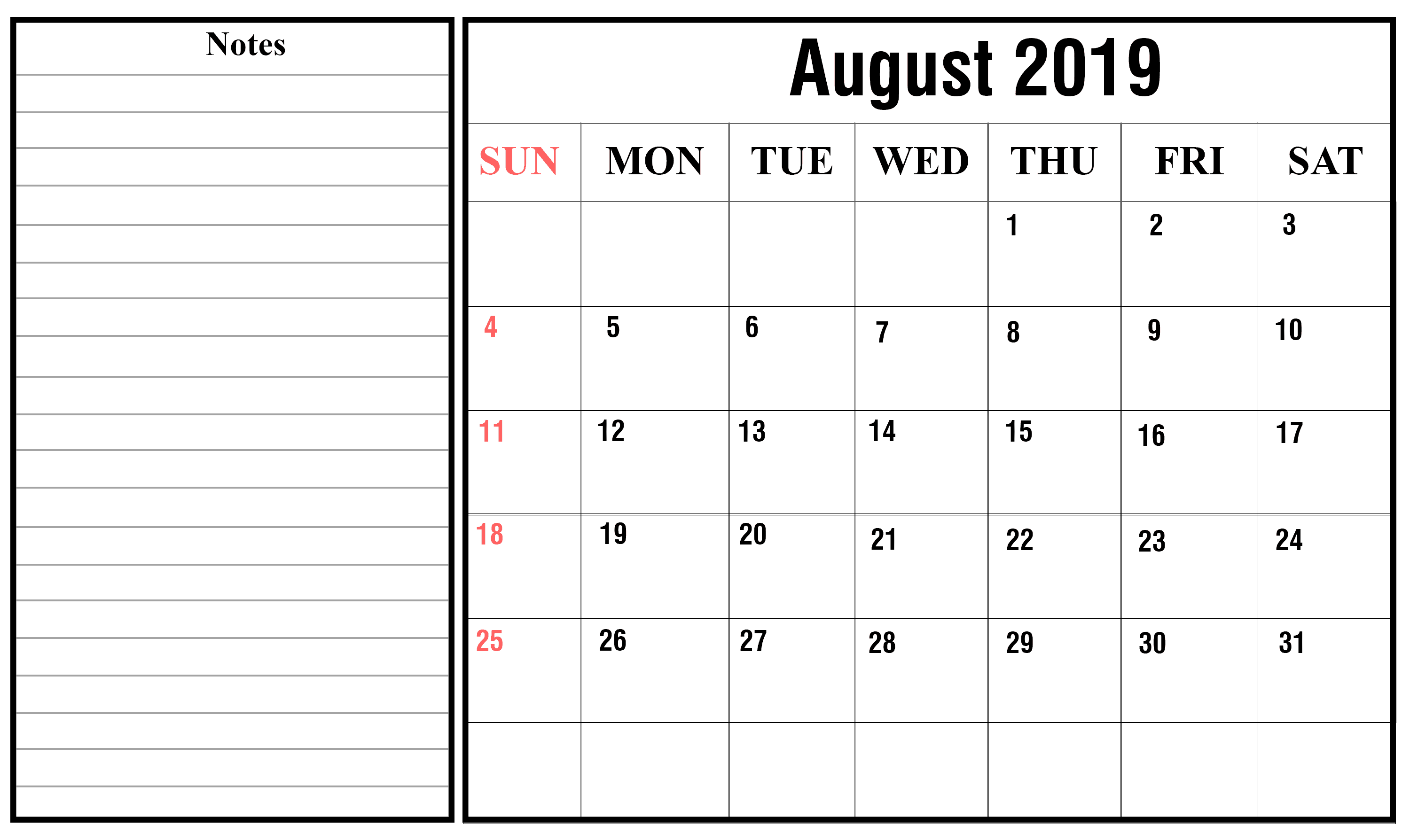 August Calendar 2019 Editable