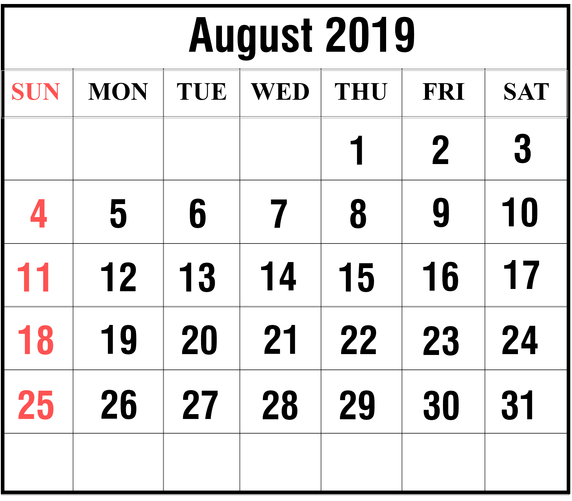 2019 August Holidays Calendar 