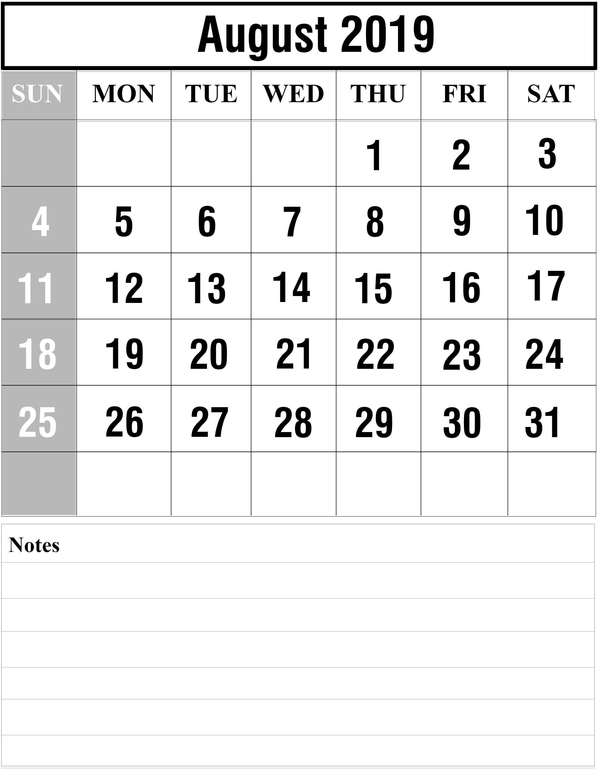 August Calendar 2019 with Holidays