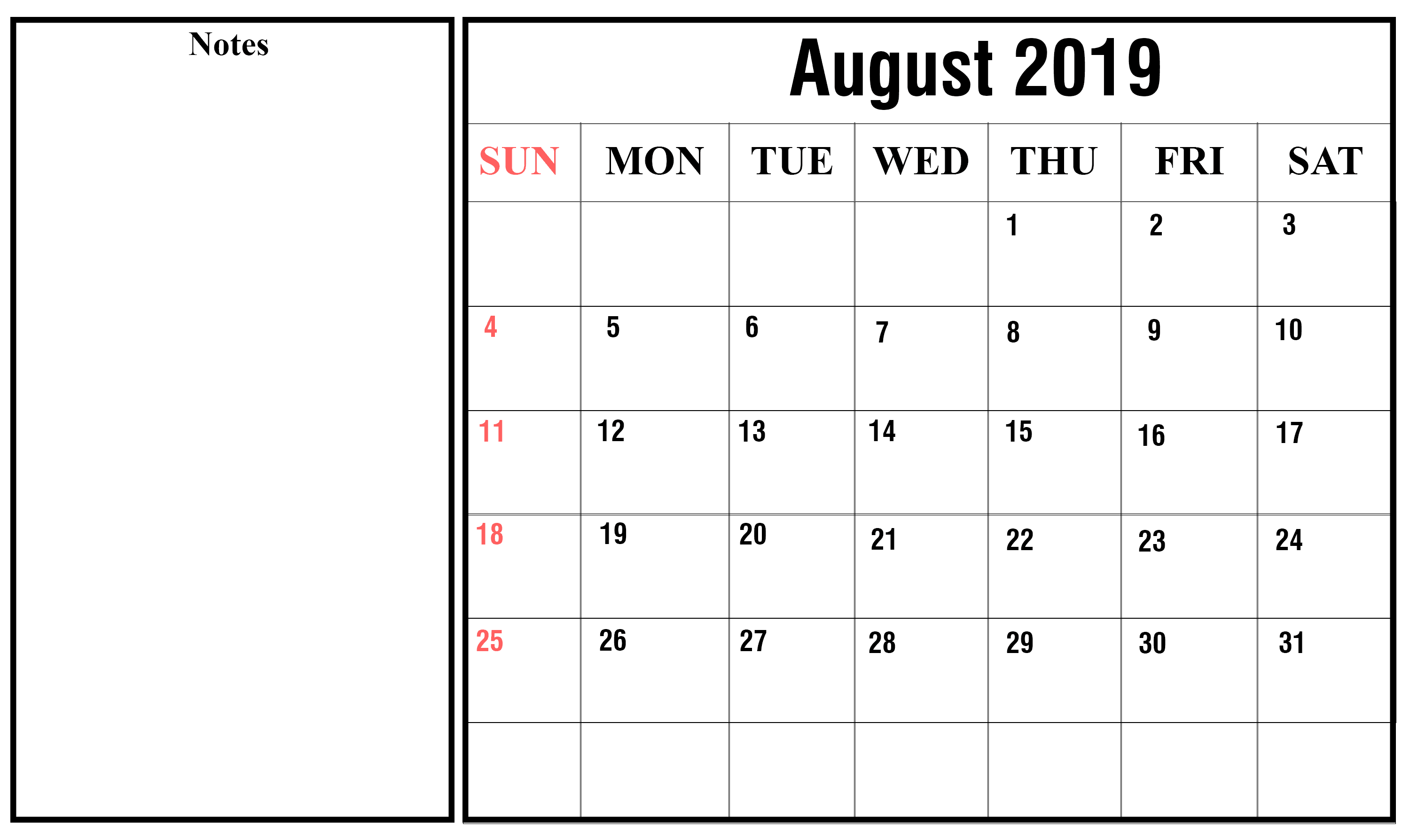 August Calendar 2019