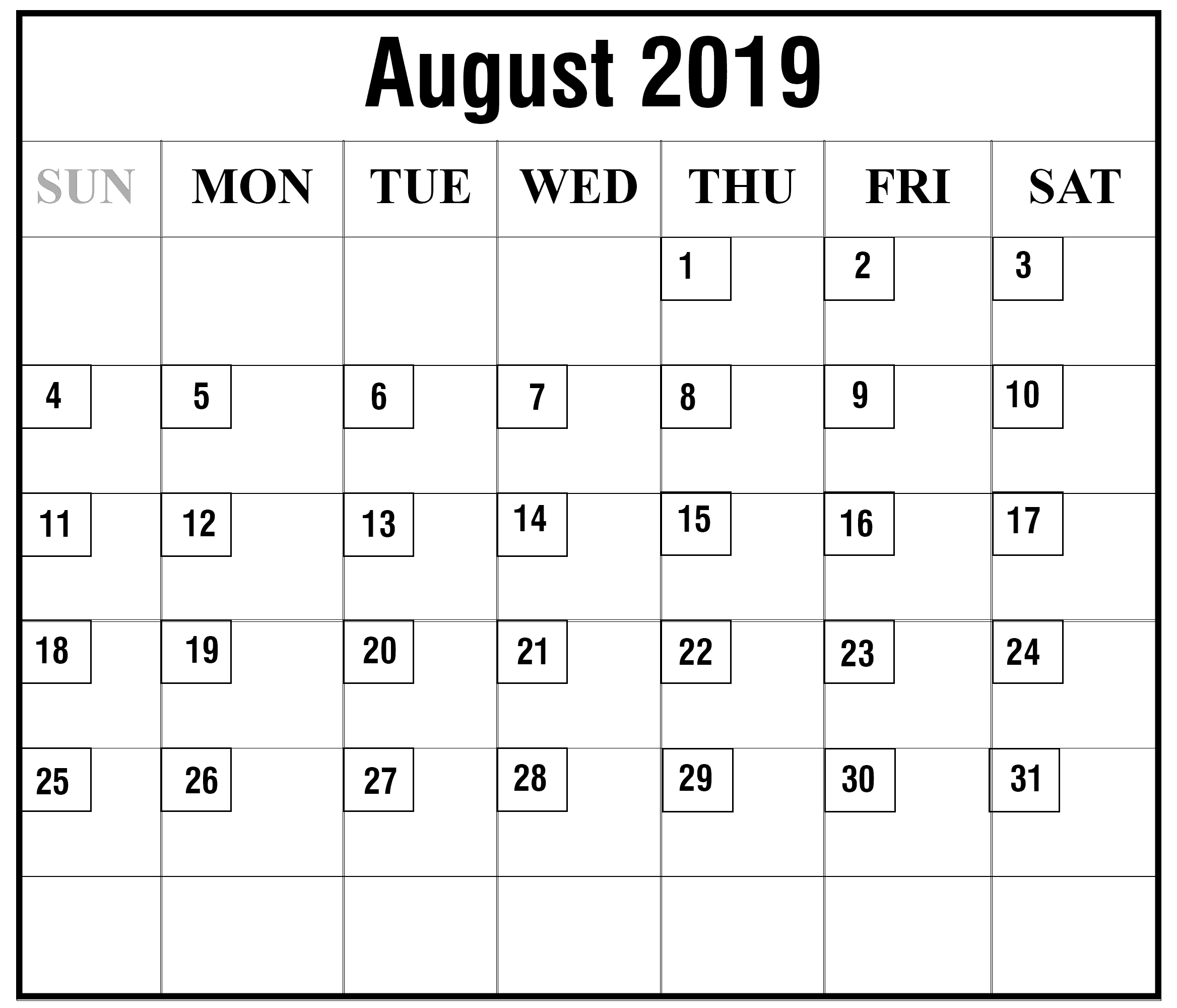 Printable August 2019 Calendar 