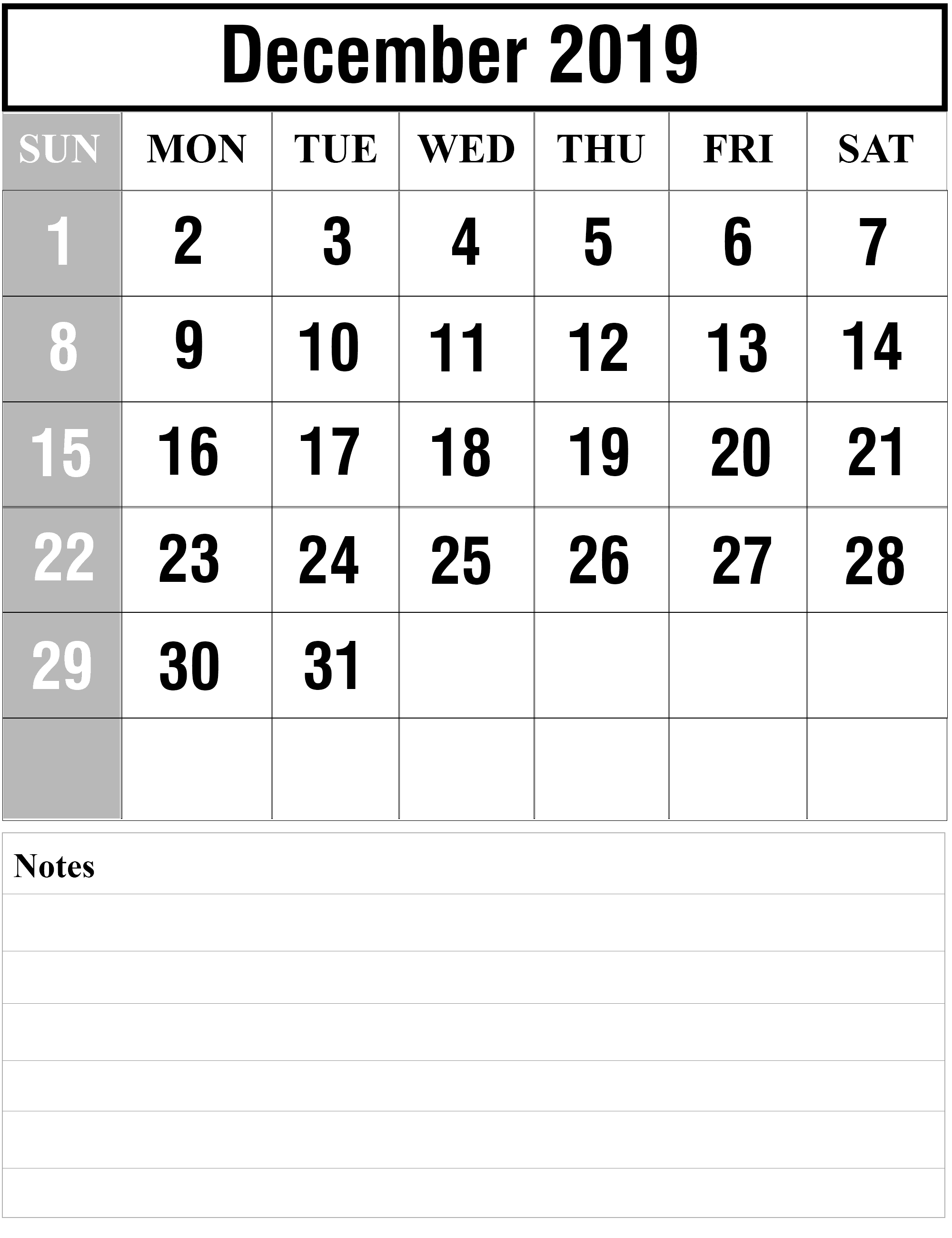 December 2019 Printable Calendar 