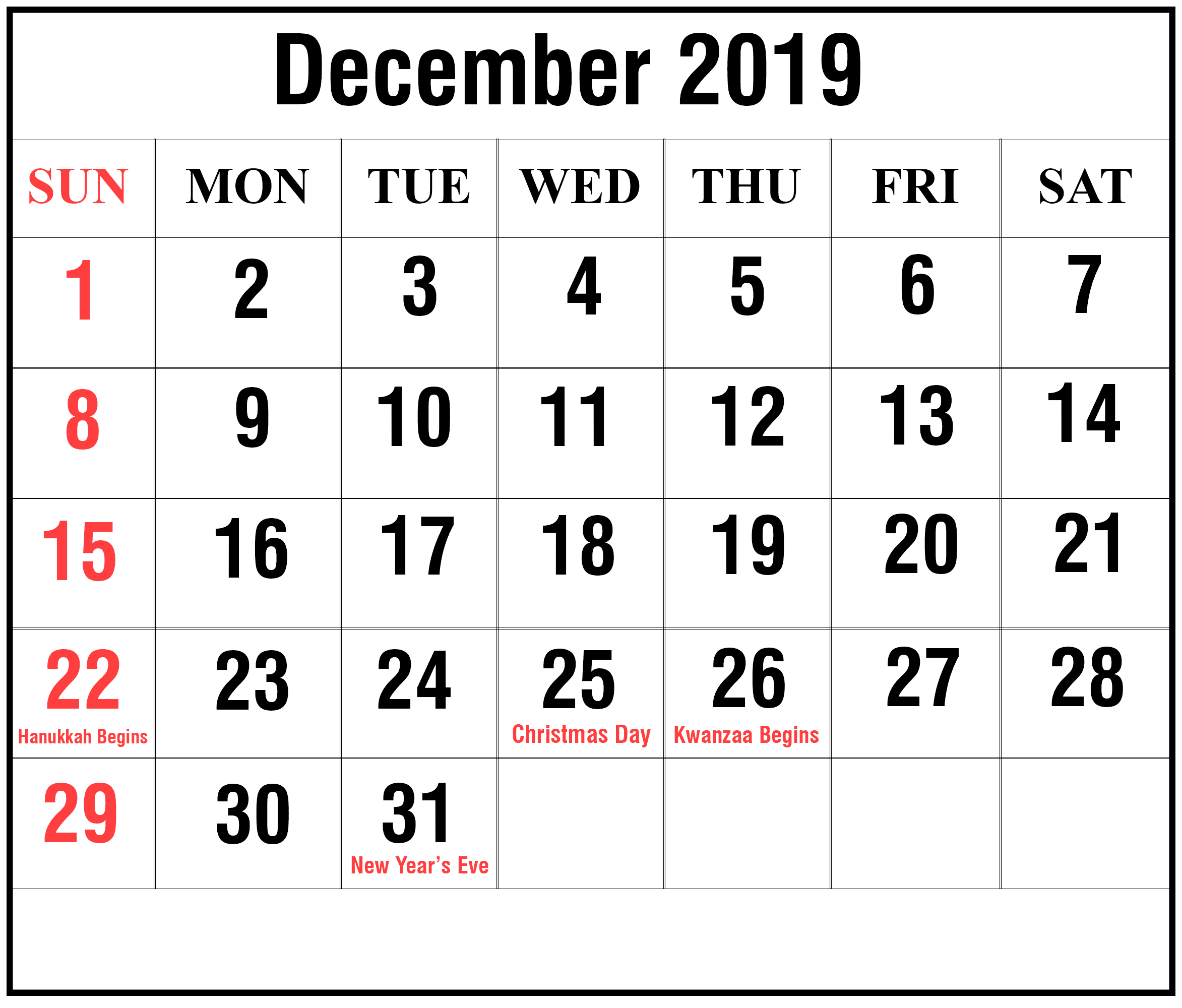 2019 December Calendar Printable