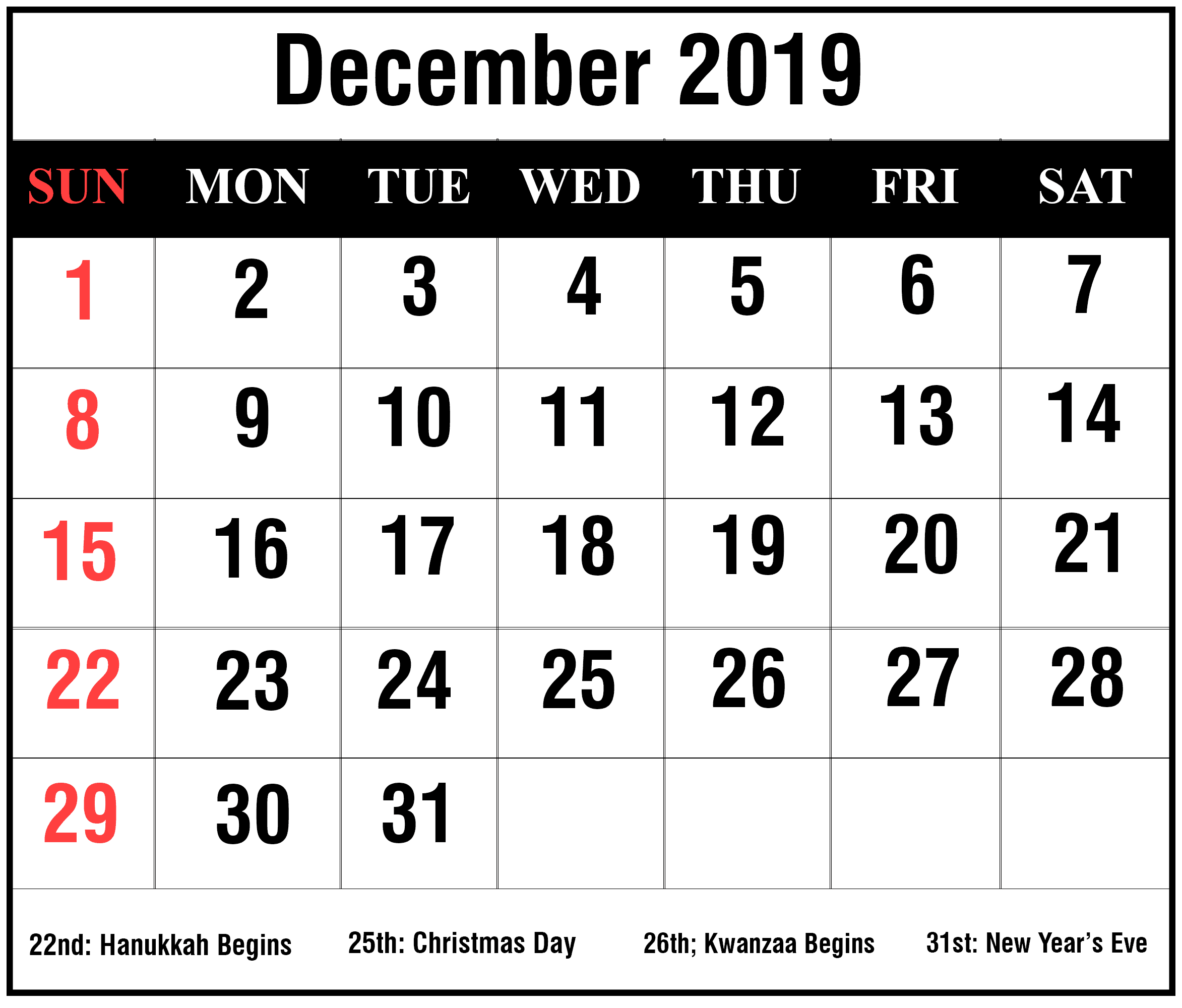 December Calendar 2019 with Holidays