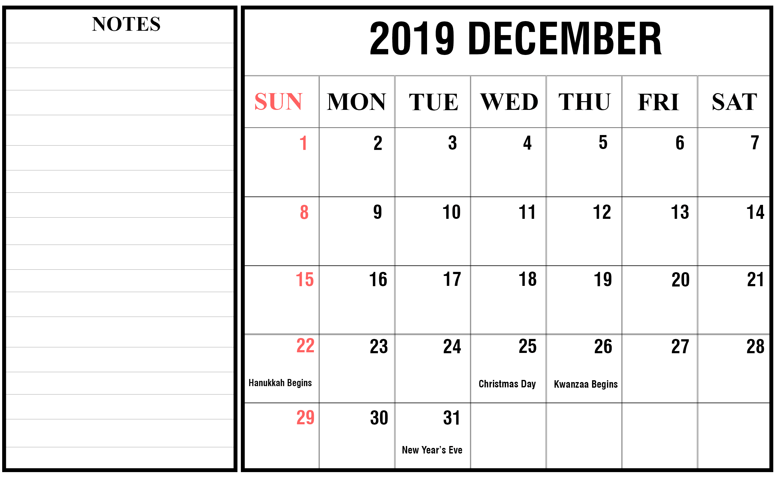 2019 December Holidays Calendar 