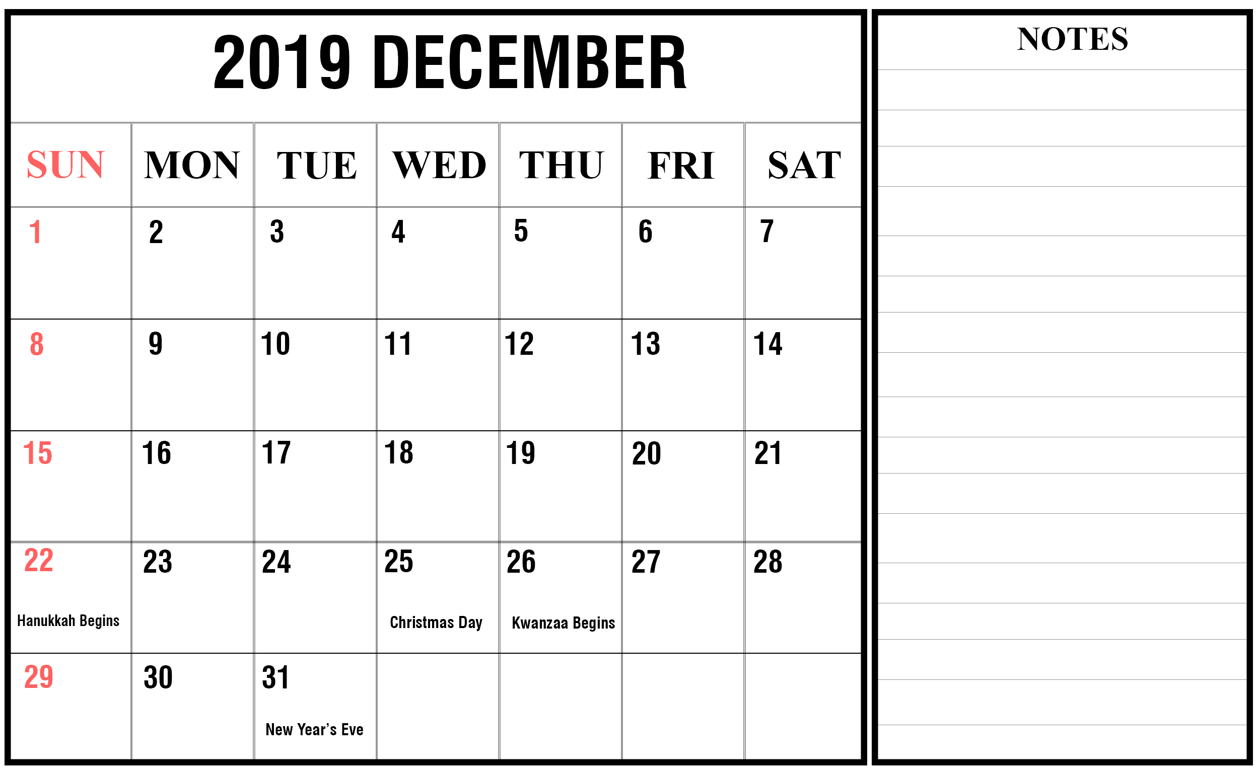 December Calendar 2019 Editable