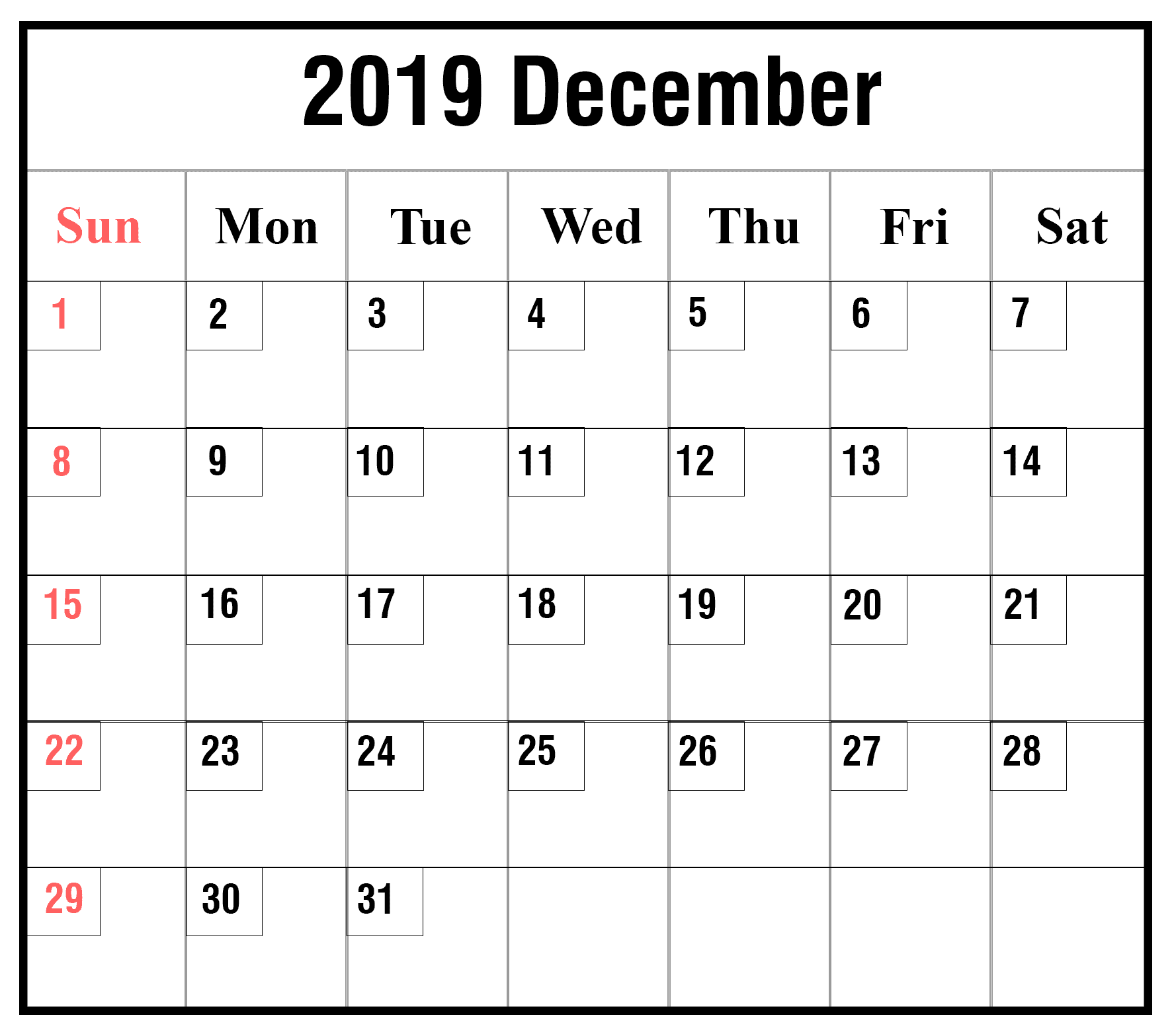 Blank December 2019 Calendar 