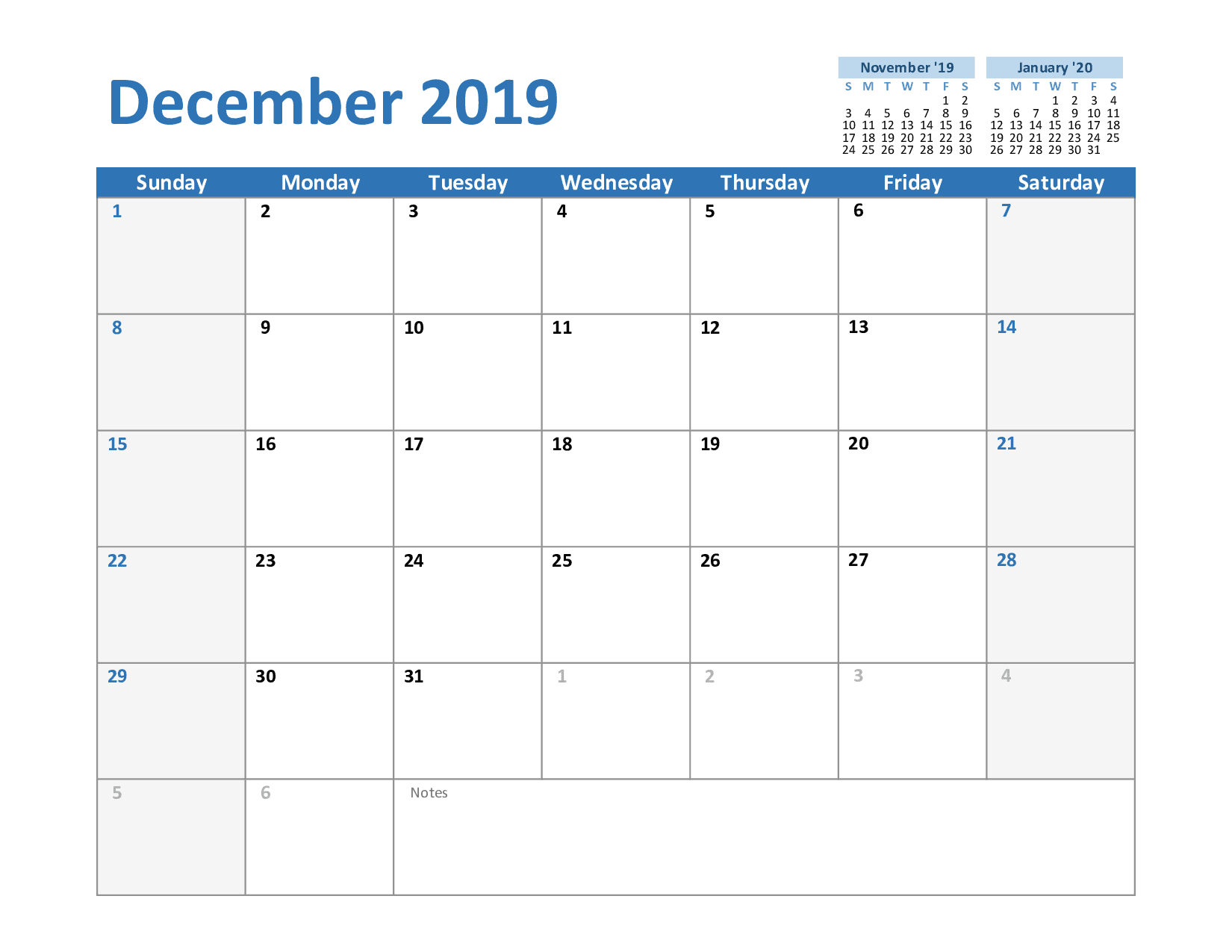 December 2019 Calendar 