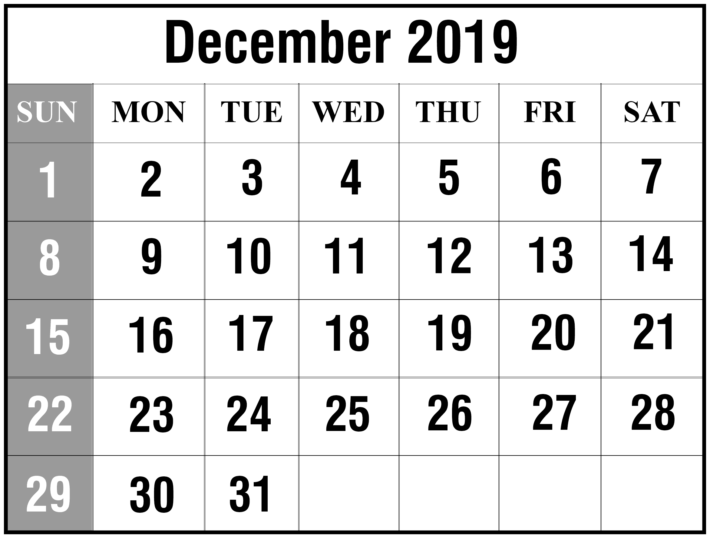 December 2019 Calendar Printable
