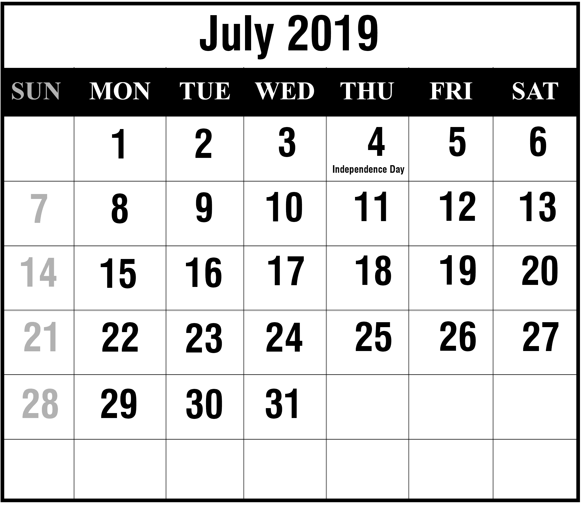 2020 July Blank Calendar 
