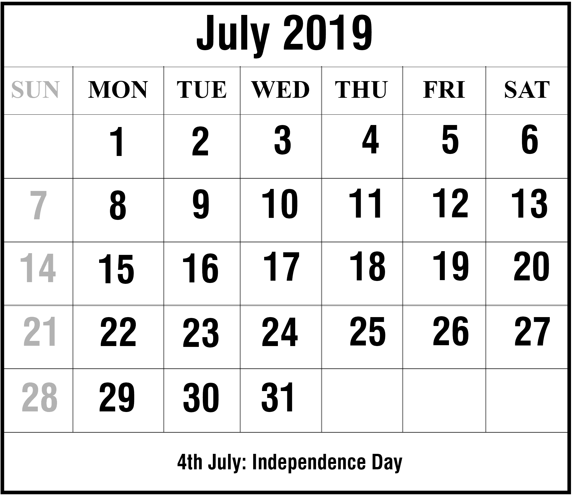 2020 July Calendar Printable