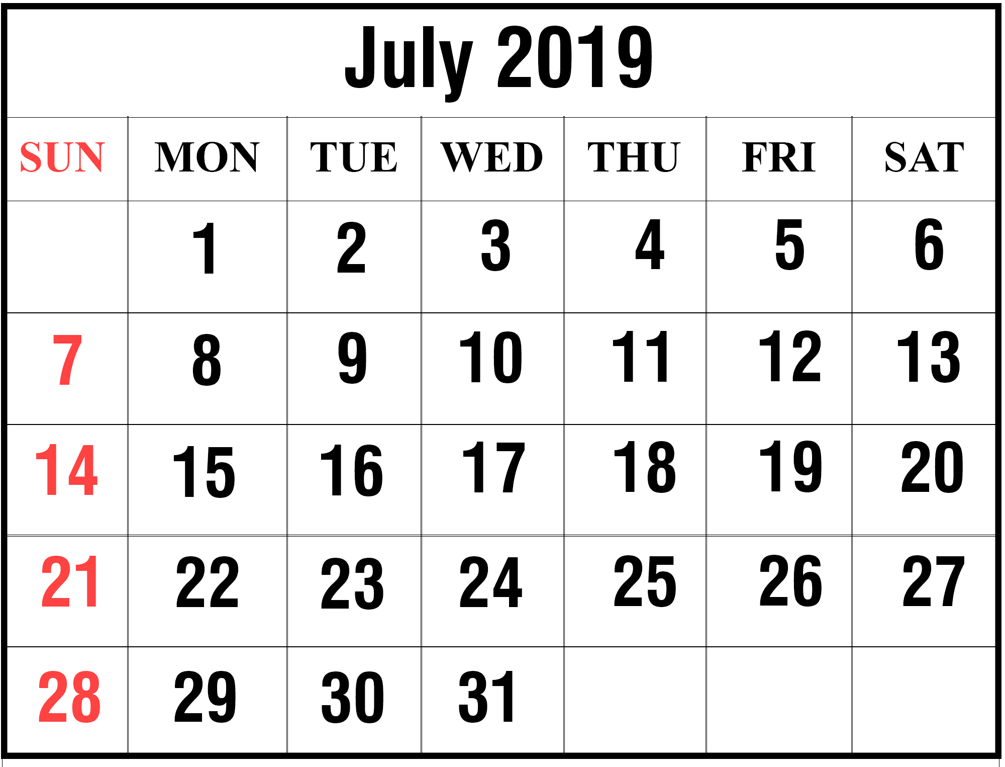 July Calendar 2020