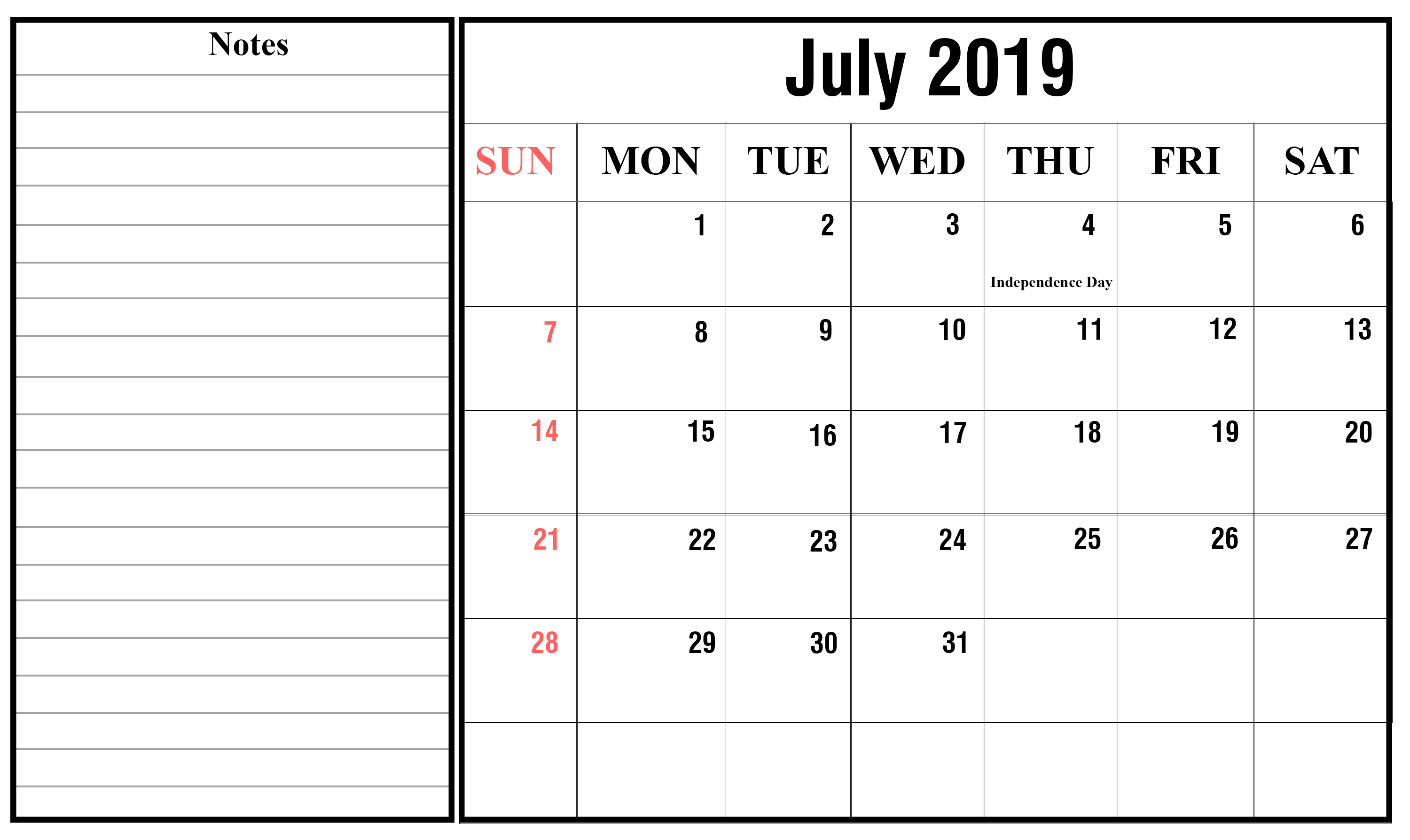July Calendar 2020 with Holidays