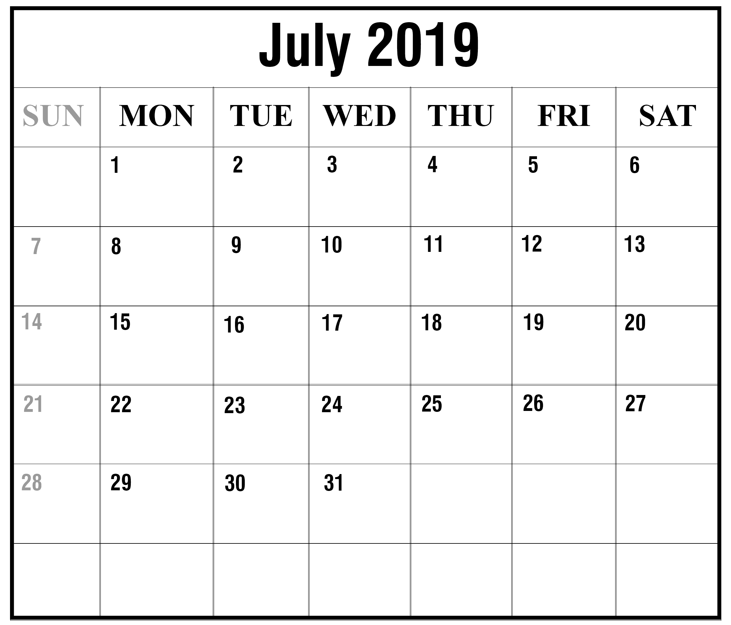 Blank July 2020 Calendar 
